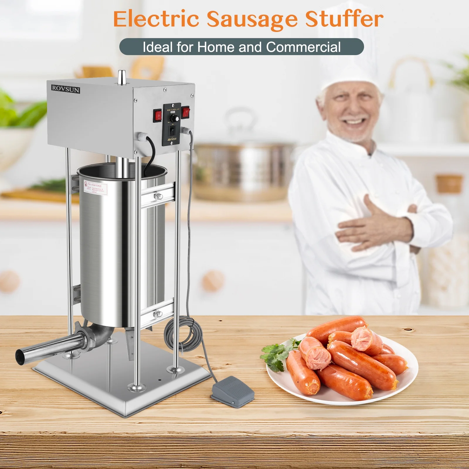 ROVSUN 15.4LBS/10L Electric Sausage Stuffer, Adjustable Speed Stainless Steel Sausage Maker Meat Stuffer, Heavy Duty Vertical Electric Stuffer Sausage Filler with 5 Stuffing Tubes, Home & Commercial