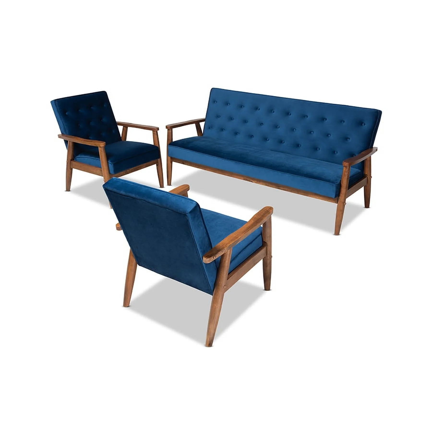 Baxton Studio Sorrento Mid-century Modern Navy Blue Velvet Fabric Upholstered Walnut Finished 3-Piece Wooden Living Room
