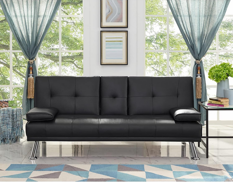 Convertible futon sofa bed for versatile comfort - Sturdy and durable modern faux leather futon sofa - Low maintenance fabric - Easy to assemble Black
