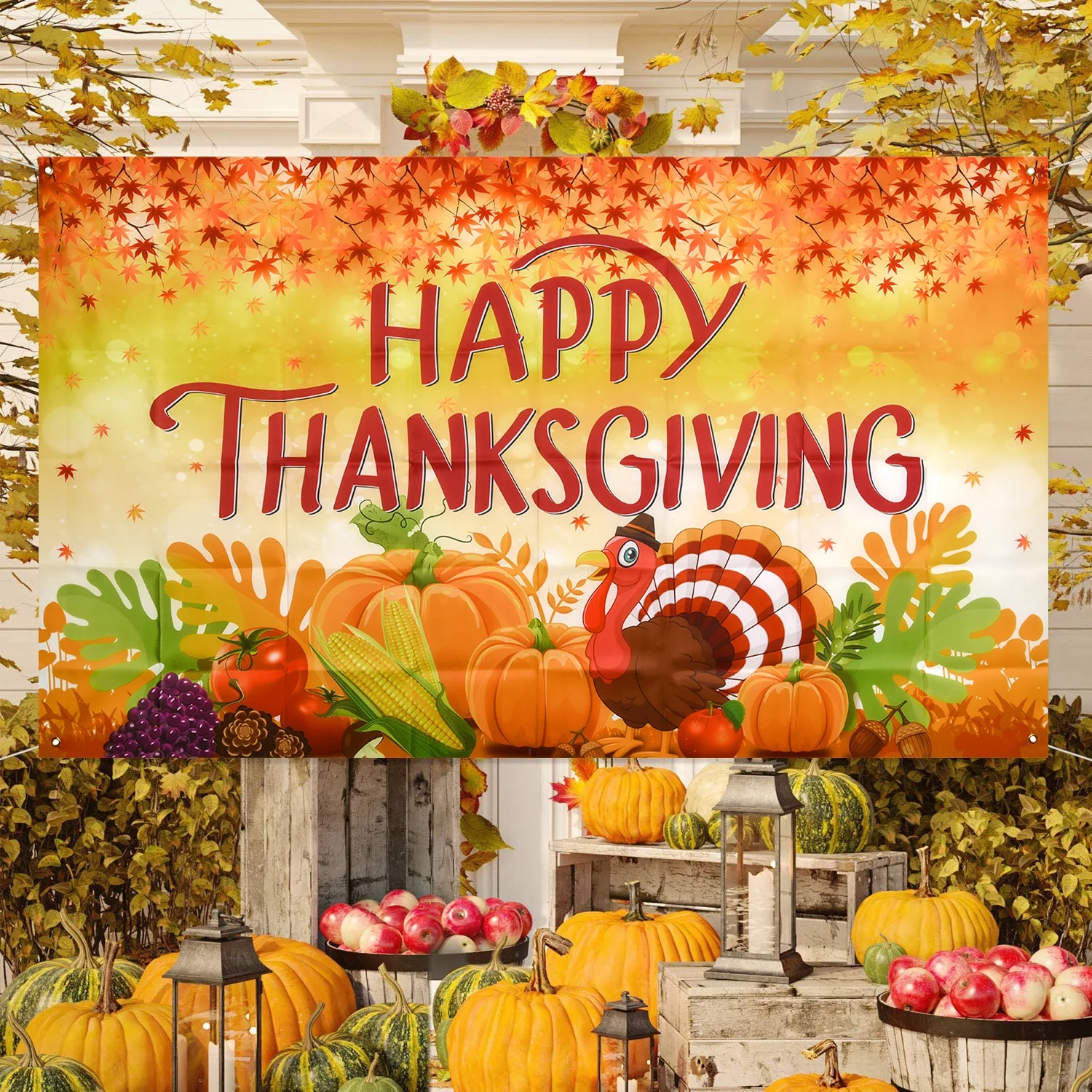 Coolmade Happy Thanksgiving Banner Extra Large Give Thanks Banner 72 x 46 Inch, Fall Banner Thanksgiving Turkey Pumpkin Maple Leaves Banner for Thanksgiving Decorations Fall Party
