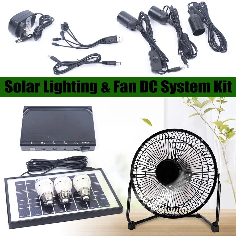 Portable Solar 3xLighting LED & Fan Kit For Home Outdoor Camping 3600mAh 12V