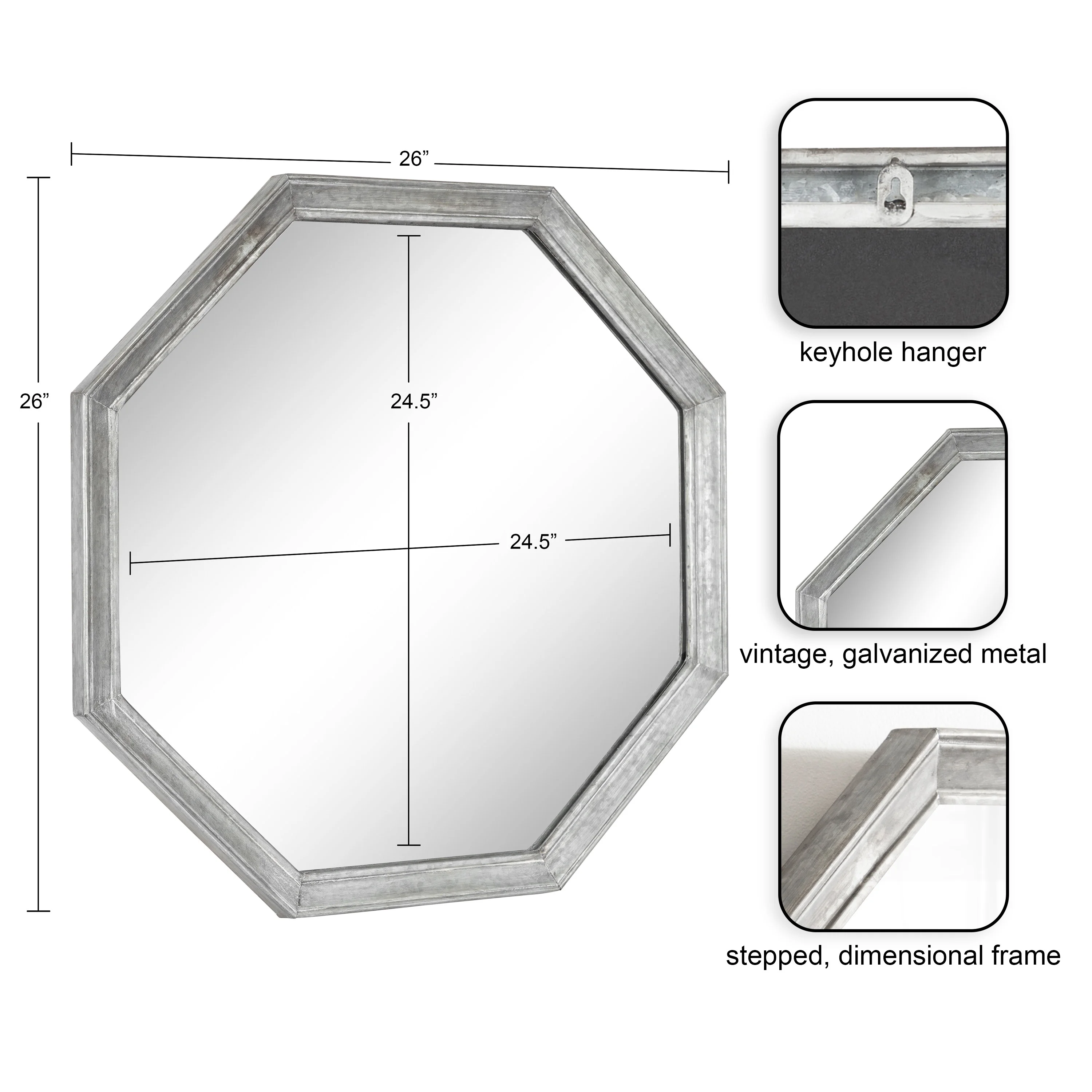 Kate and Laurel Ocono Vintage Galvanized Metal Octagon Wall Mirror, 26 x 26, Silver, Rustic Farmhouse Octagonal Mirror with Geometric Shape and Unique Finish