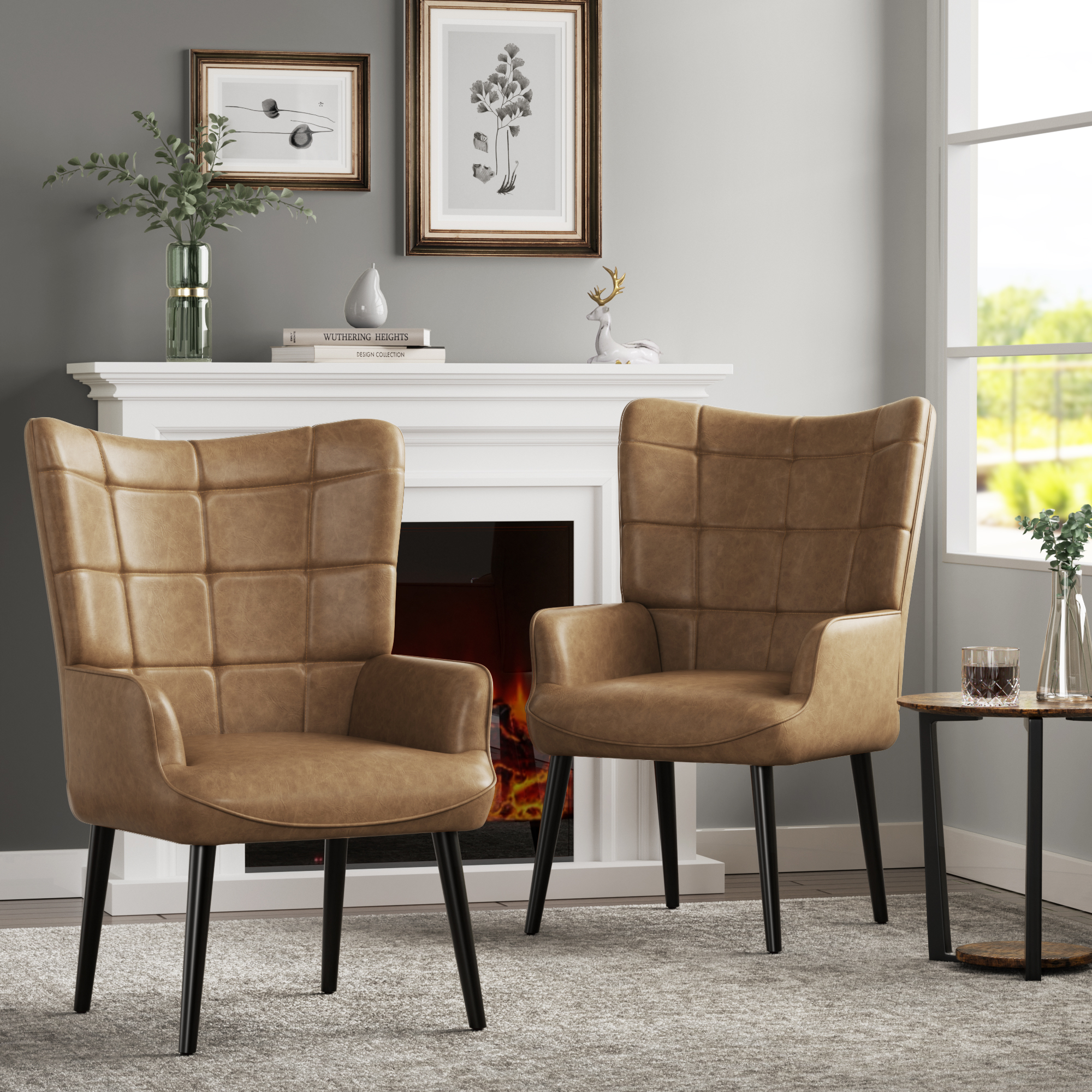 HUIMO Mid-Century Accent Chairs, PU Leather Vintage Upholstered Living Room Chair, Cozy Armchair High Back and Solid Wood Legs for Bedroom/Office/Cafe Amber, Set of 2