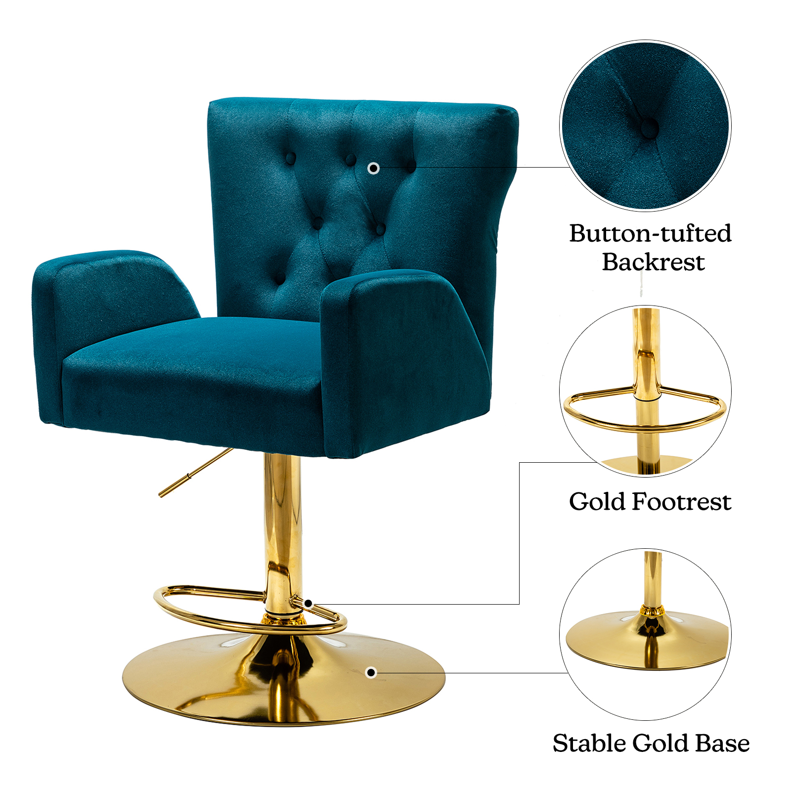 Barstool Velvet Swivel Adjustable Mid Back Armchair Counter Height Chair Bar Stools Footrest Gold Round Base Home Kitchen Teal