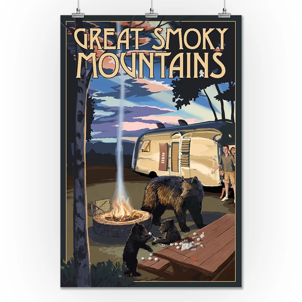 Great Smoky Mountains, Retro Camper and Lake with Bear Family (24x36 Giclee Gallery Art Print, Vivid Textured Wall Decor)