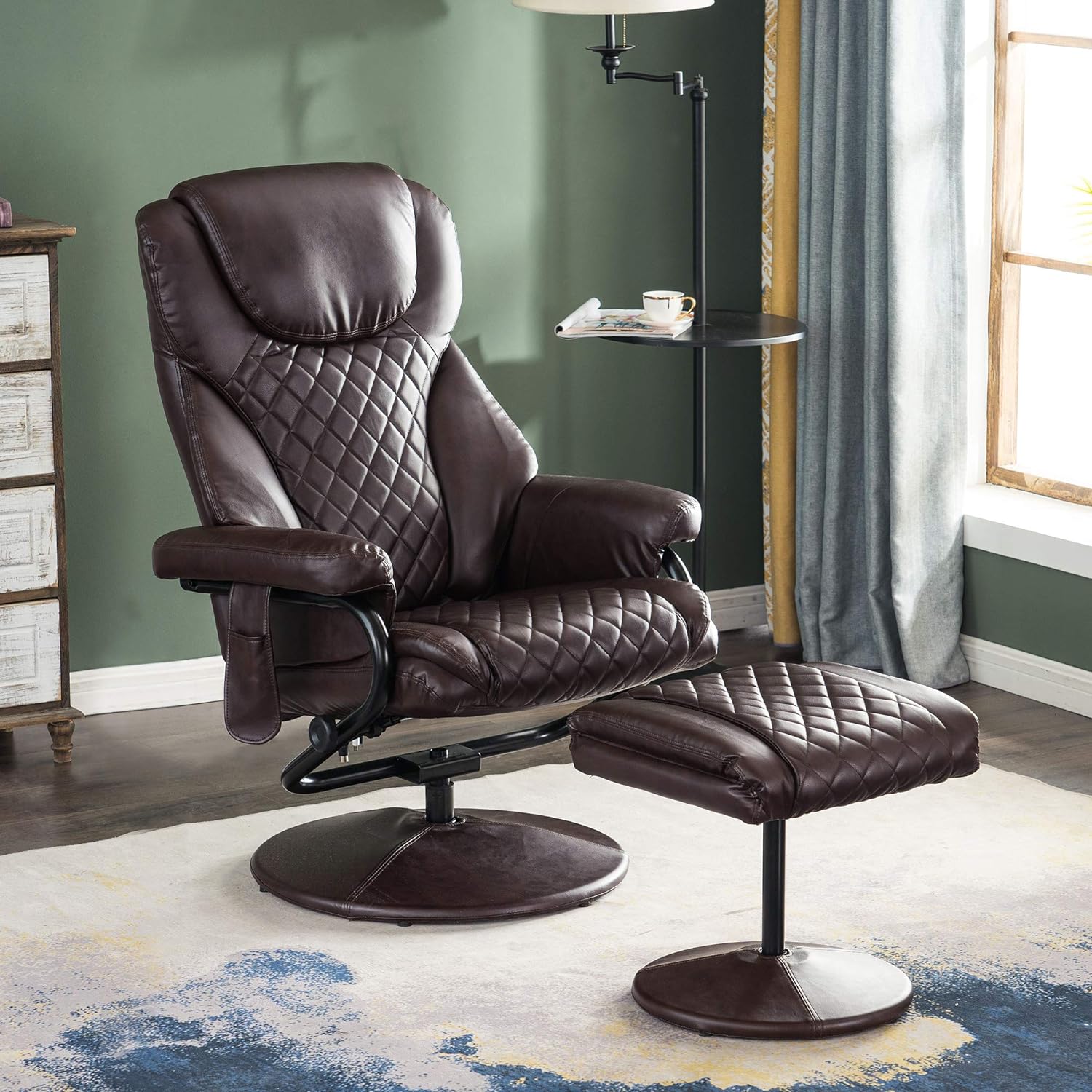 Recliner With Ottoman, Reclining Chair With Massage, 360 Swivel Living Room Chair Faux Leather, 4901 (Dark Brown)