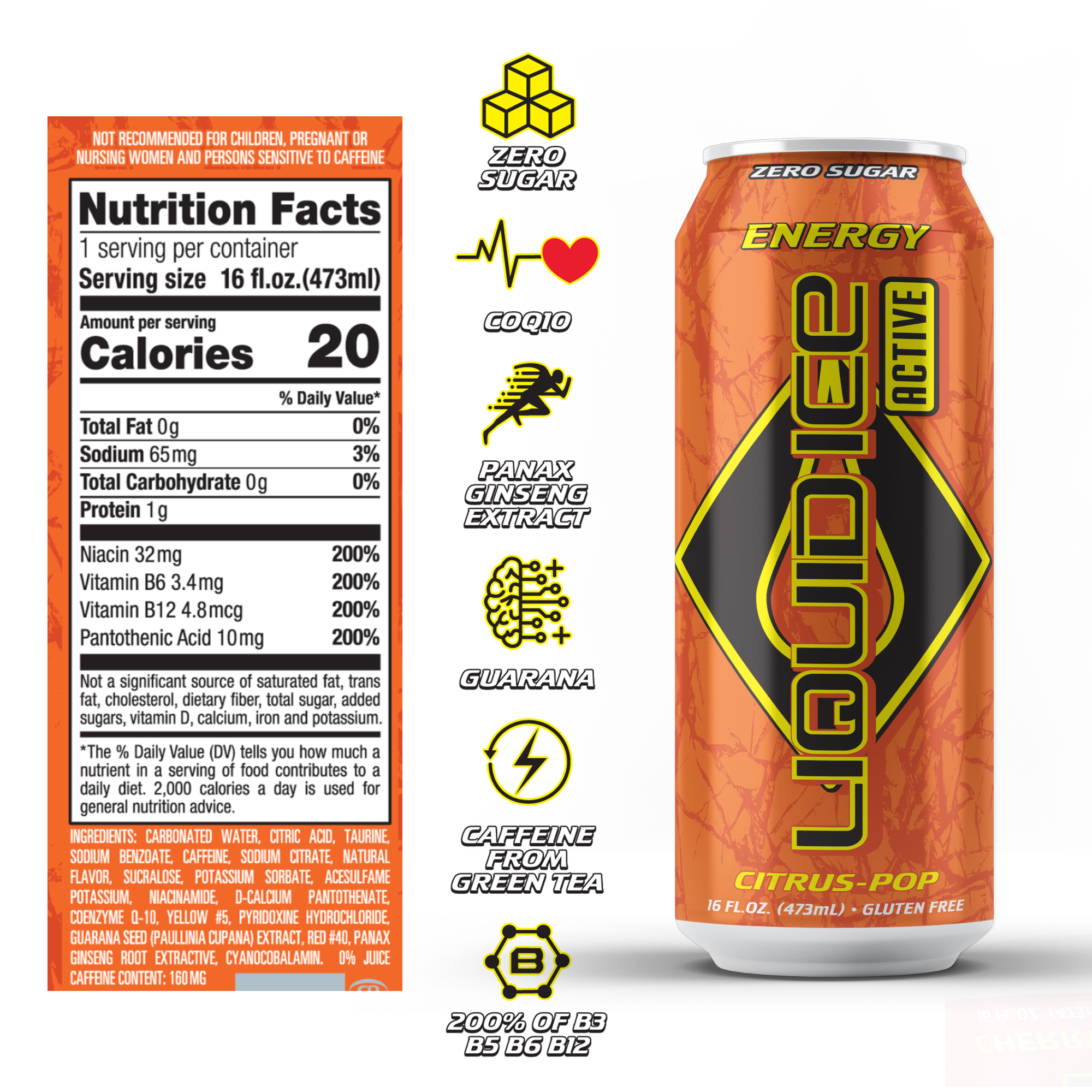 Liquid Ice Energy Drink - Citrus Pop Active, 16 Oz Cans (12 Pack)