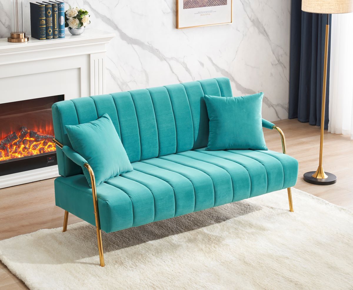 mayceyee Modern Velvet Loveseat, Upholstered Loveseat Sofa with 2 Pillows, Mid-Century 2-Seat Loveseat with 6 Metal Legs, Heavy Duty Small Couch for Living Room Apartment Dorm, Lake Blue