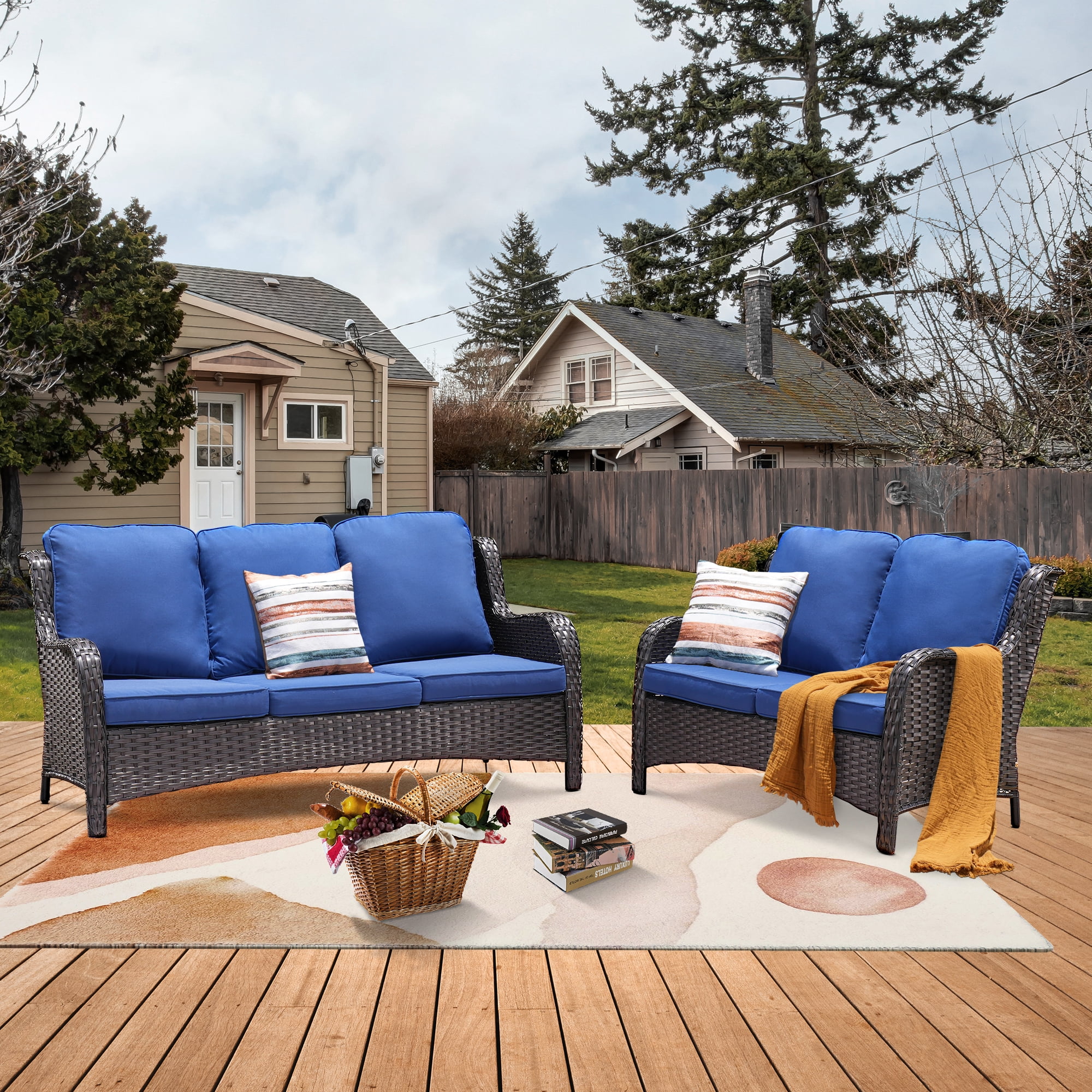 Ovios 2 Pieces Outdoor Patio Furniture with Sofa Wicker Patio Sectional with Loveseat for Backyard