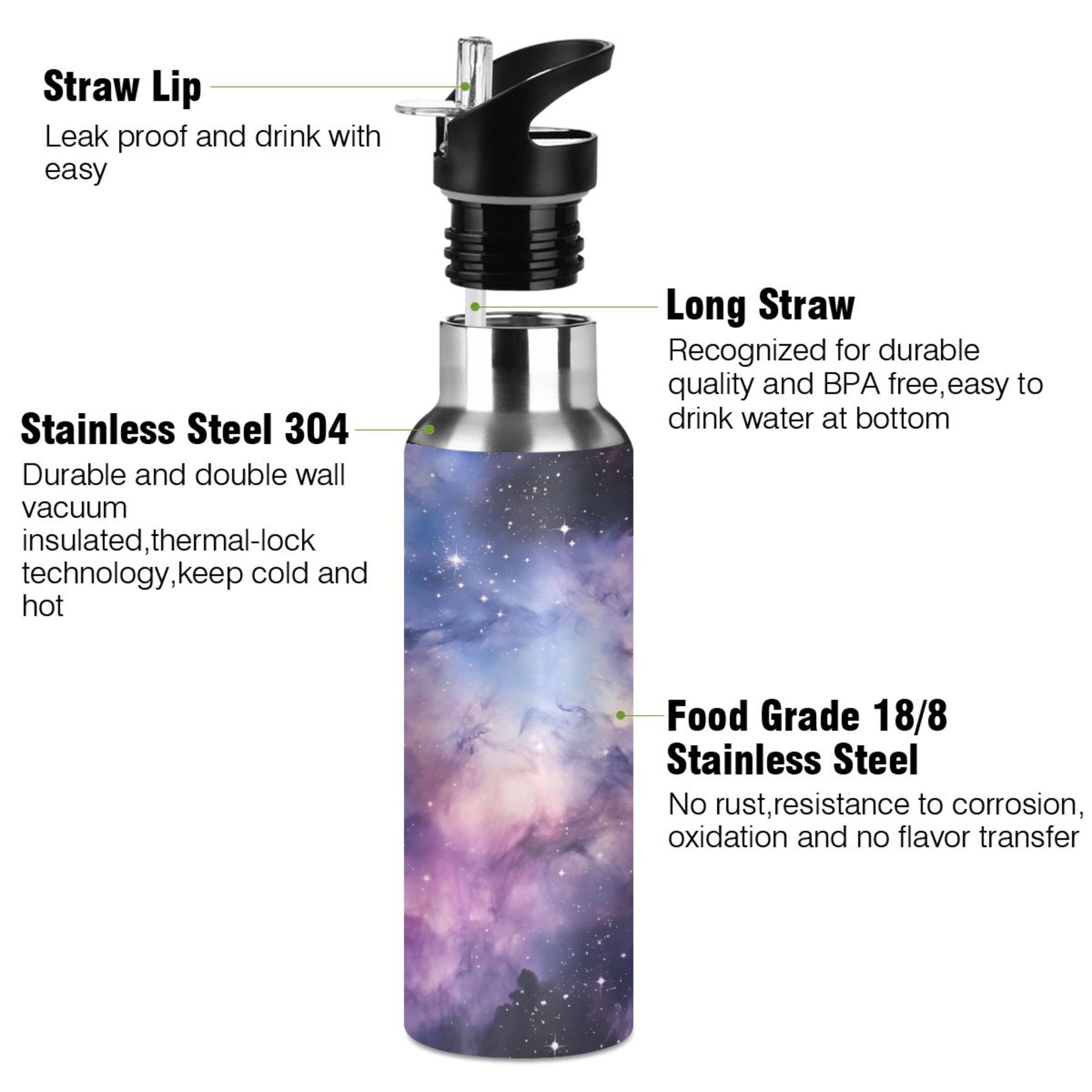 Water Bottle with Straw Lid Leak Nights Pattern Stainless Steel Insulated Thermos Vacuum Flask for Cold Hot Drinking for Sports Camping Gym Yoga