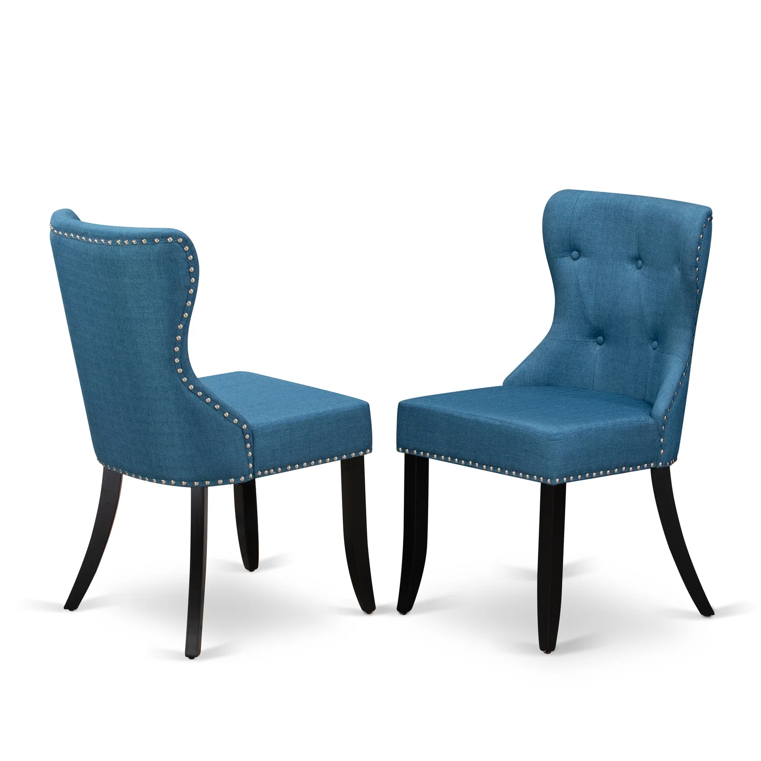 HomeStock Contemporary Cool 2 Mid Century Dining Chairs- Dinner Chairs Includes Black Wood Structure With Blue Linen Fabric Seat With Nail Head And Button Tufted Back