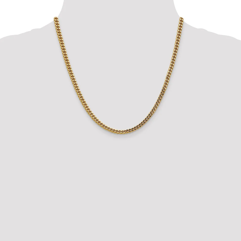 Real 14kt Yellow Gold 3.7mm Semi-Solid Franco Chain; 20 inch; Lobster (Fancy) Clasp; for Adults and Teens; for Women and Men