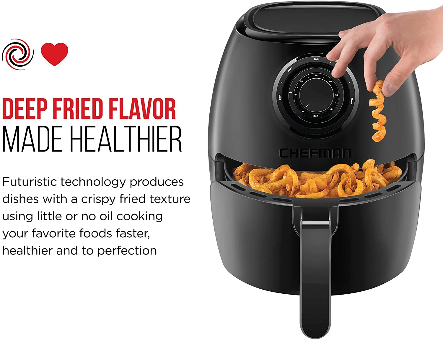 Chefman TurboFry 3.6 Quart Air Fryer Oven w/Dishwasher Safe Basket and Dual Control Temperature, 60 Minute Timer & 15 Cup Capacity, BPA-Free, Matte Black, Healthy Frying Cookbook Included