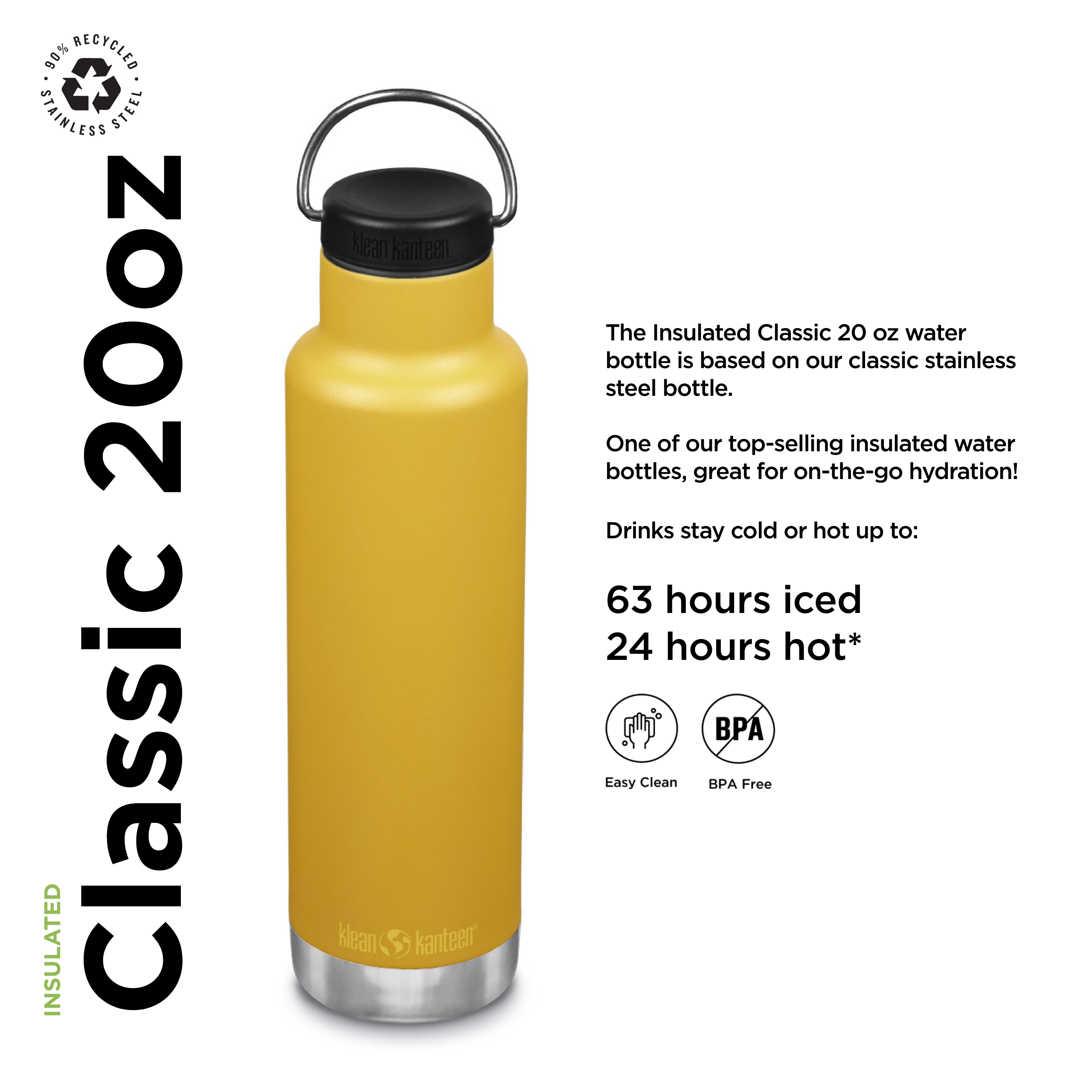 Klean Kanteen Insulated Classic w/Loop Cap, 20oz, Marigold