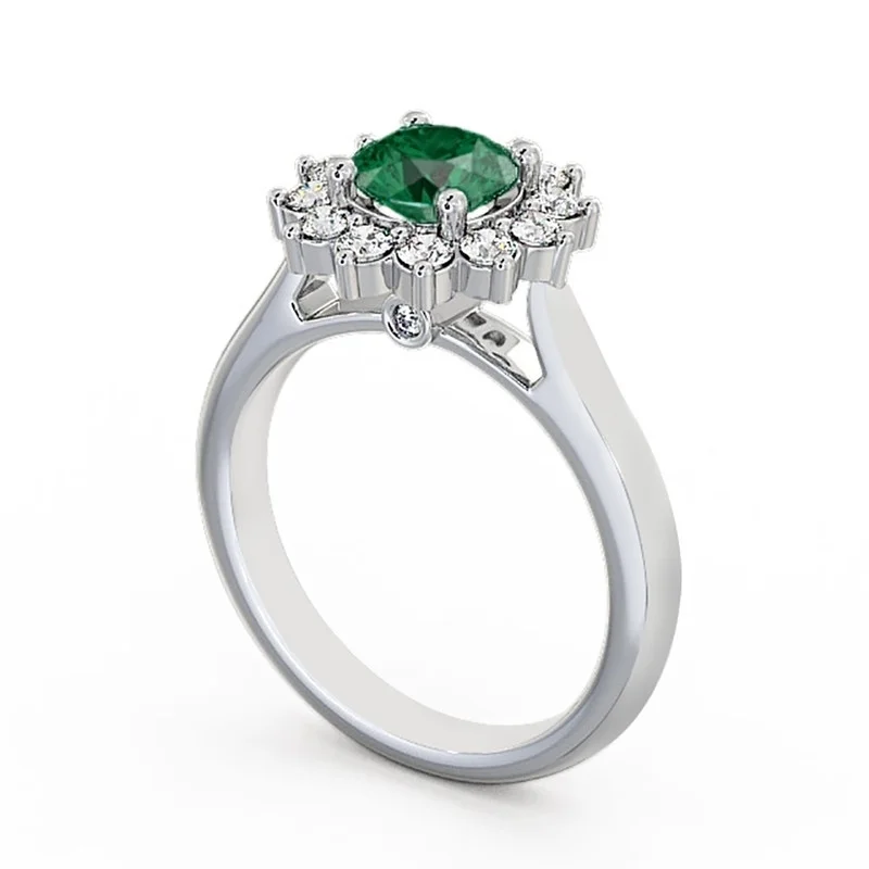 1.55 Ct Unique Floral Halo Round Cut Emerald Gemstone Genuine Diamond Engagement Ring 14K White Gold Size 10