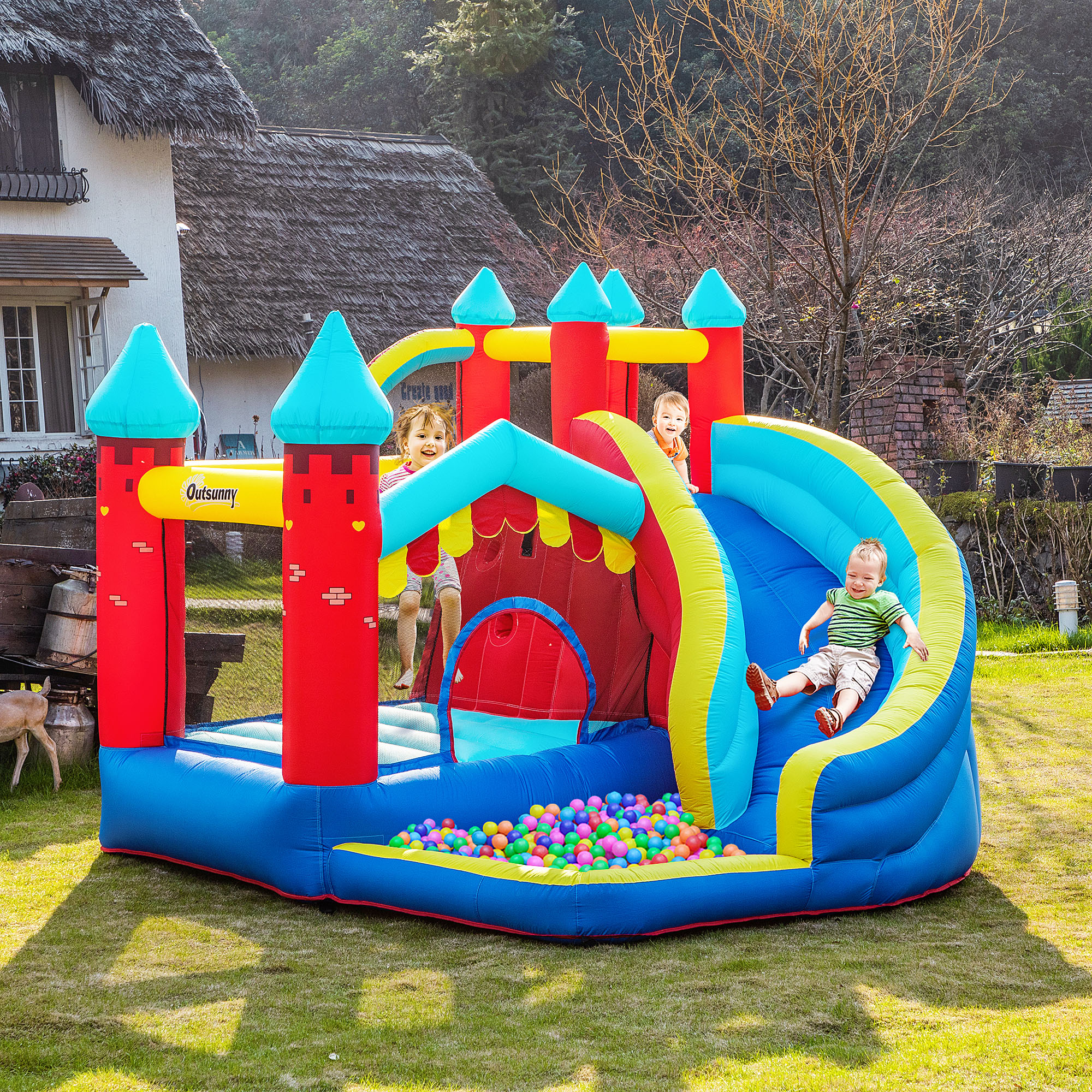 Outsunny 4 in 1 Inflatable Bounce House with Slide, Climbing Wall, and Pool or Ball Pit, Jumping Castle, Four Fun Activities, Water Bounce House for Kids