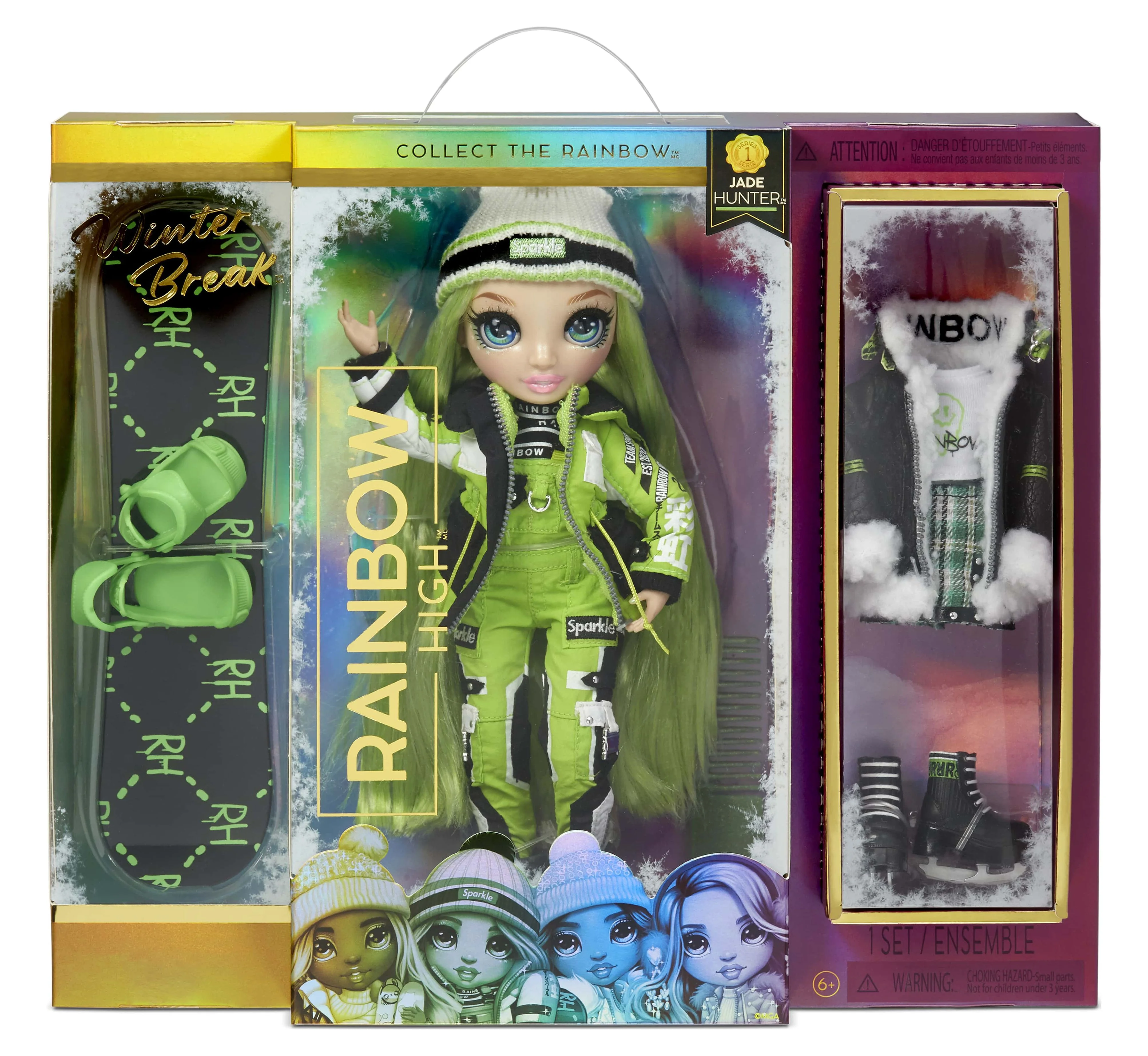 Rainbow High Winter Break Jade Hunter – Green Winter Break Fashion Doll and Playset with 2 Complete Doll Outfits, Snowboard and Winter Doll Accessories, Great Gift for Kids 6-12 Years Old