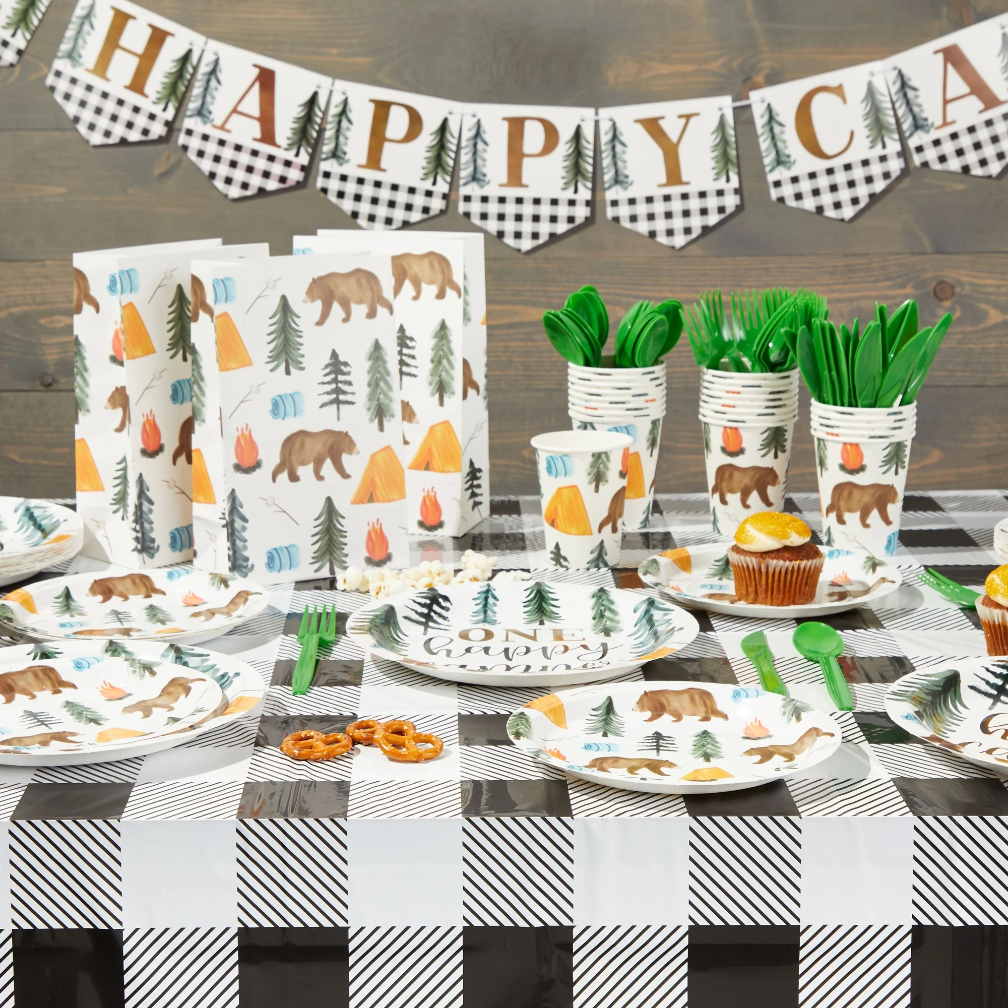 Camping 1st Birthday Party Dinnerware, One Happy Camper Birthday Decorations, Camping-Themed Party Decorations, Celebration Supplies for Boys and Kids (Serves 24)