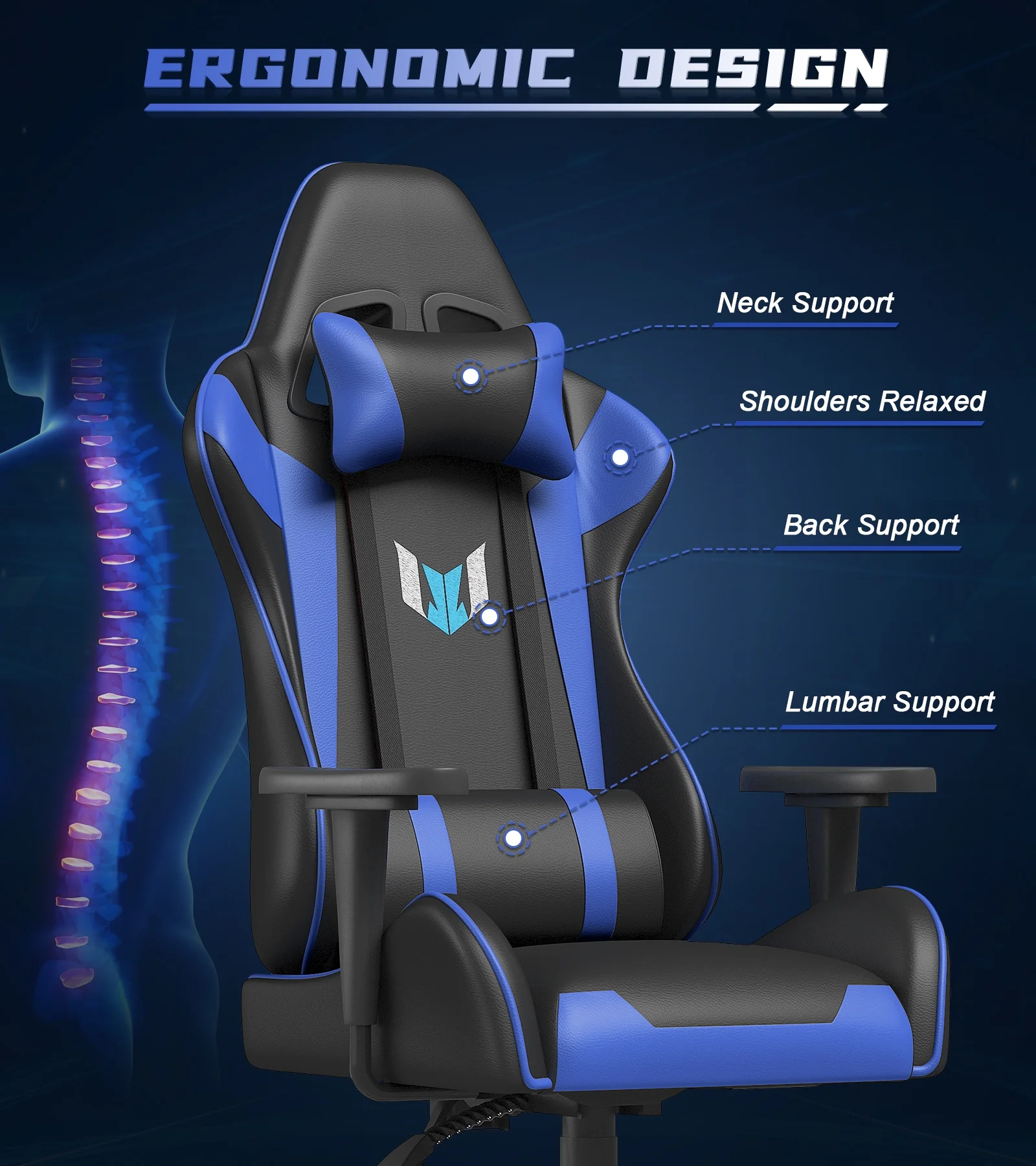 Bigzzia Gaming Chair Pu Leather Ergonomic Game Chair with Lumbar Support & Headrest, Blue