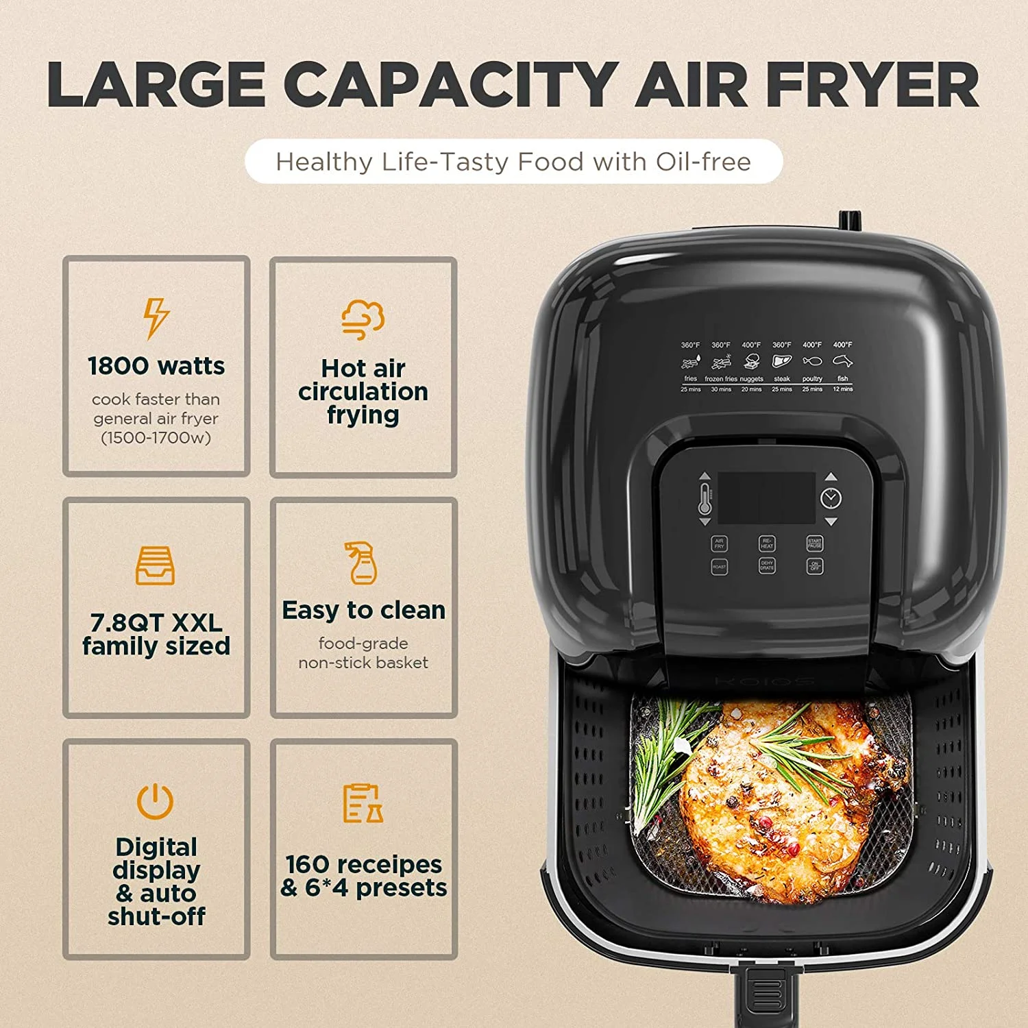 KOIOS Air Fryer, Electric Hot Air Fryer Oven / XXL 7.8 QT Large Air Fryer Dehydrator, 1800-Watt 4*6 Presets - New