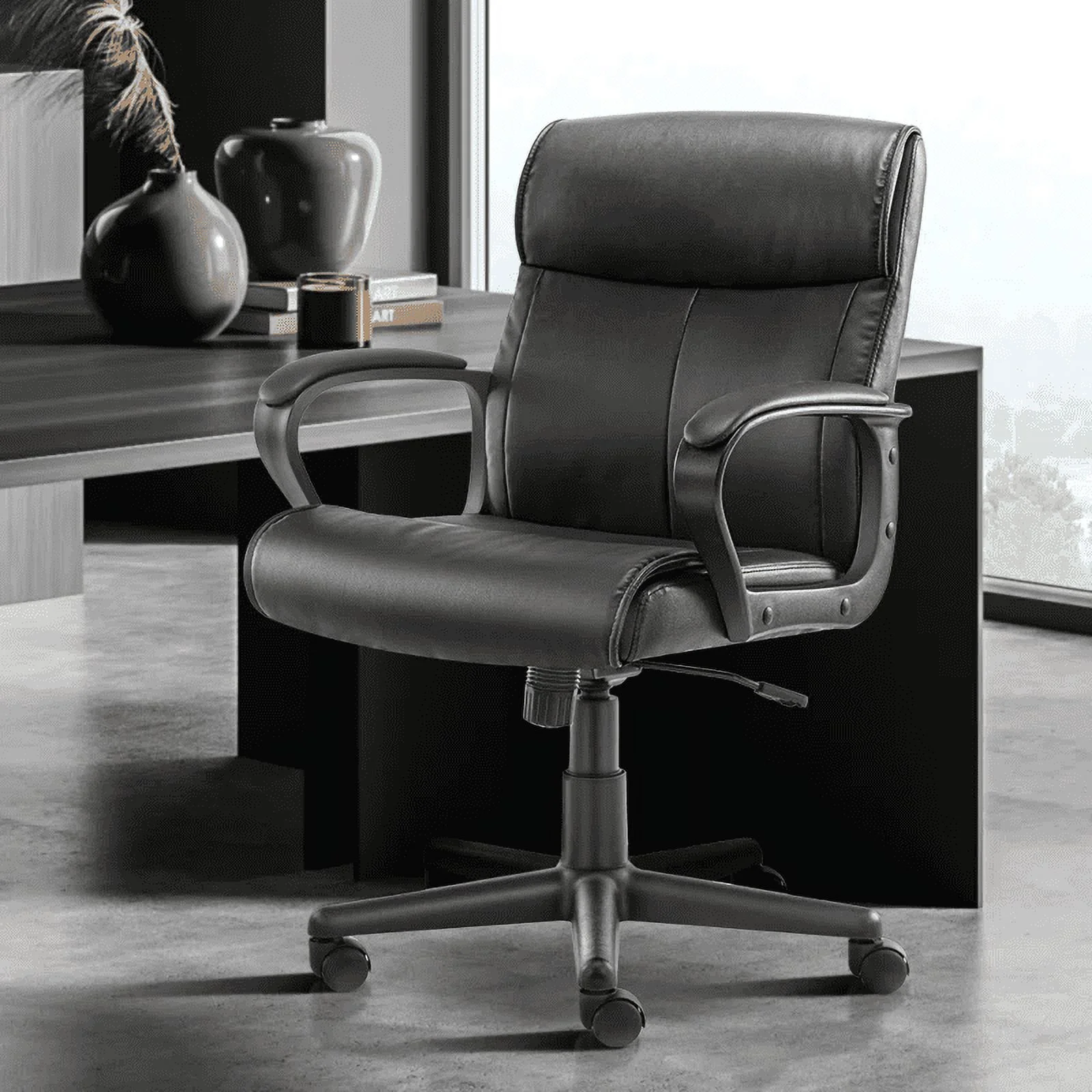 Gianna PU Leather Mid-back Office Chair with Fixed Padded Armrests for Adults, Black