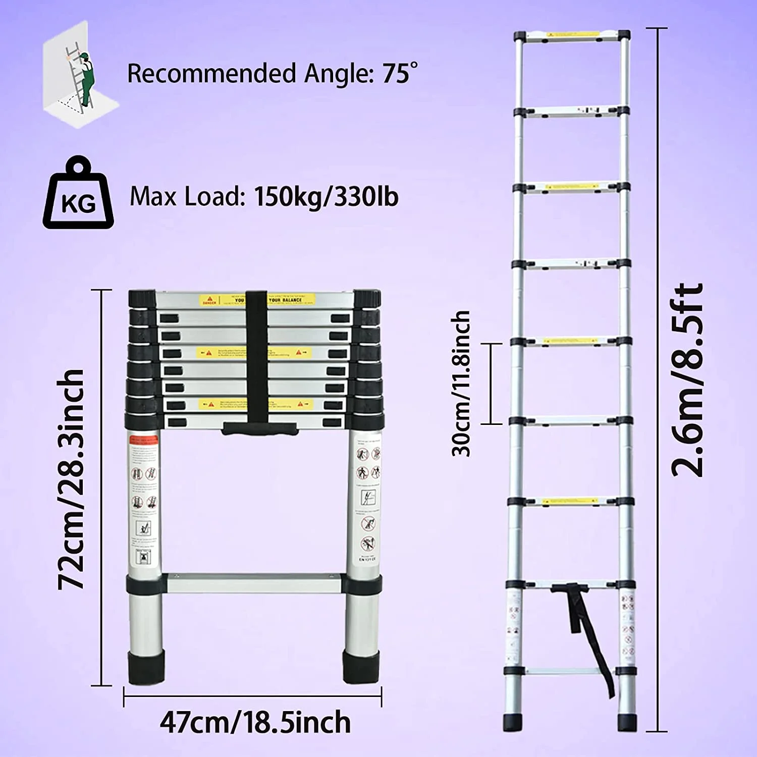 Dayplus 8.5ft 2.6M Telescoping Ladder Aluminum Telescopic Extension Multi Purpose 9 Steps Non-Slip