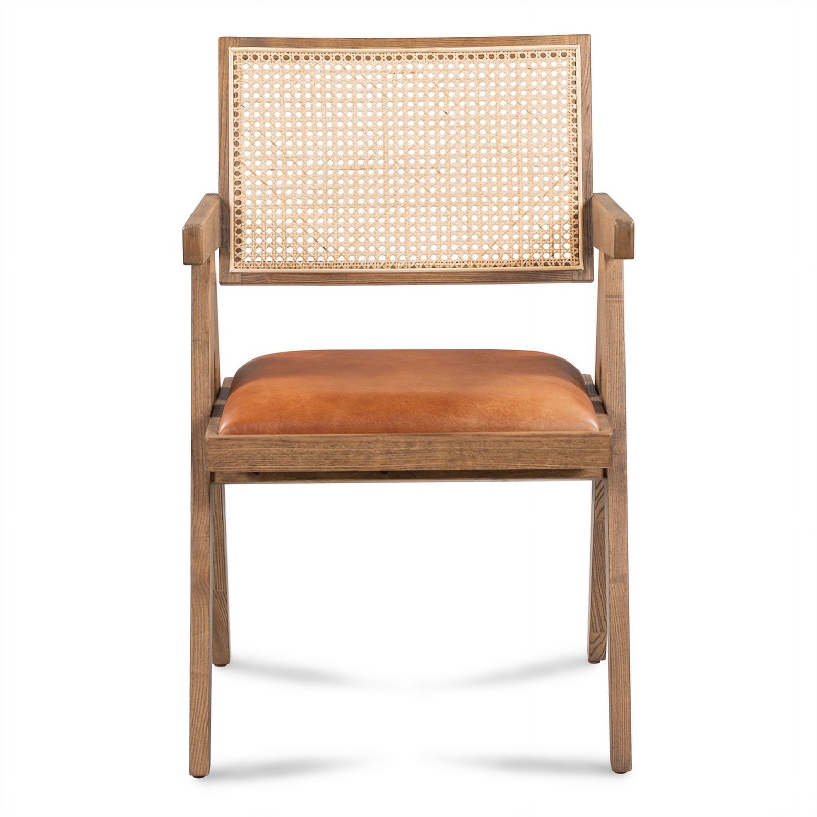 Pemberly Row Tan Top-Grain Leather & Wood Dining Chair with Rattan Back