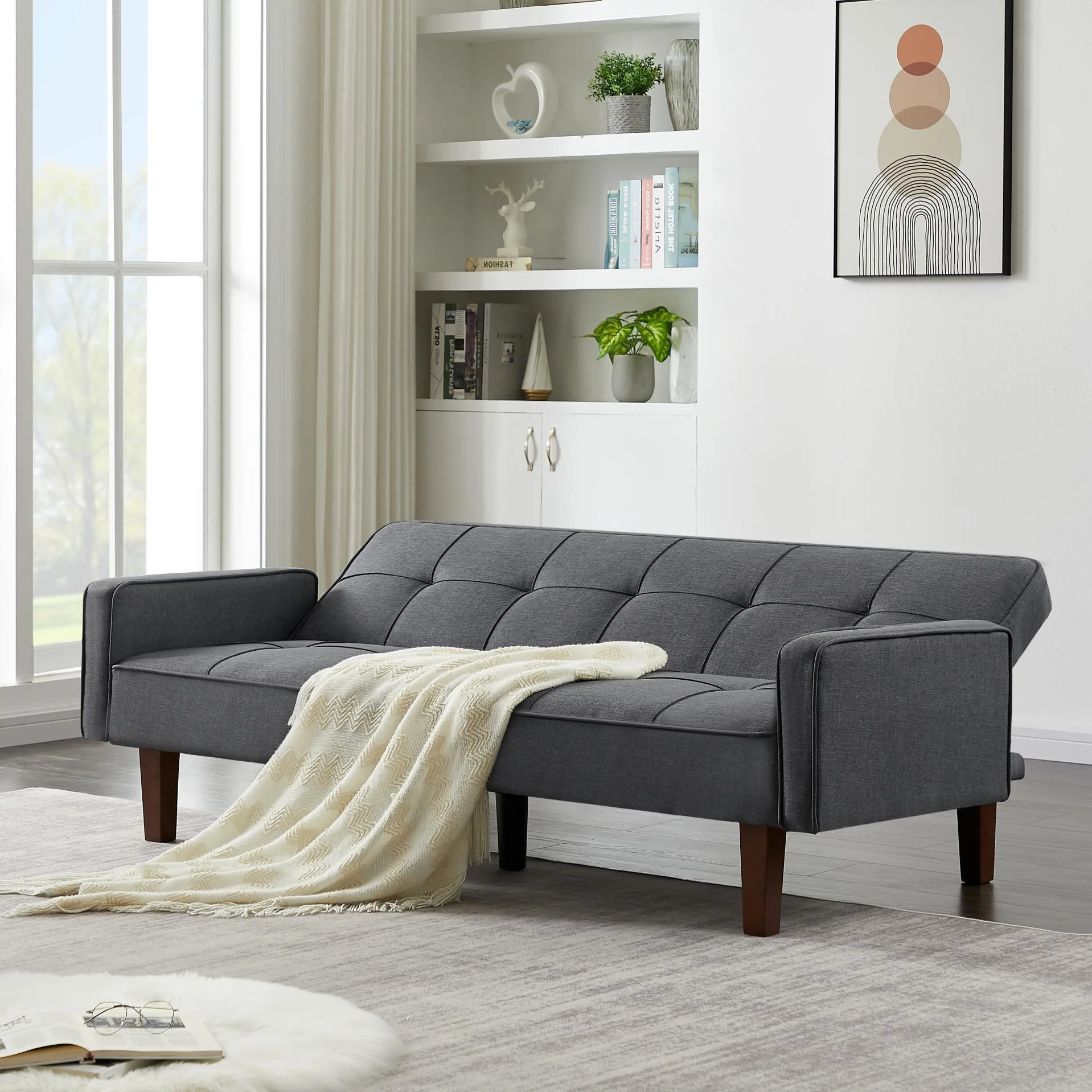Sofa Bed,DFITO Convertible Sleeper Sofa w/Removable Armrests,Solid Wood Feet, for Compact Living Spaces,Grey Linen