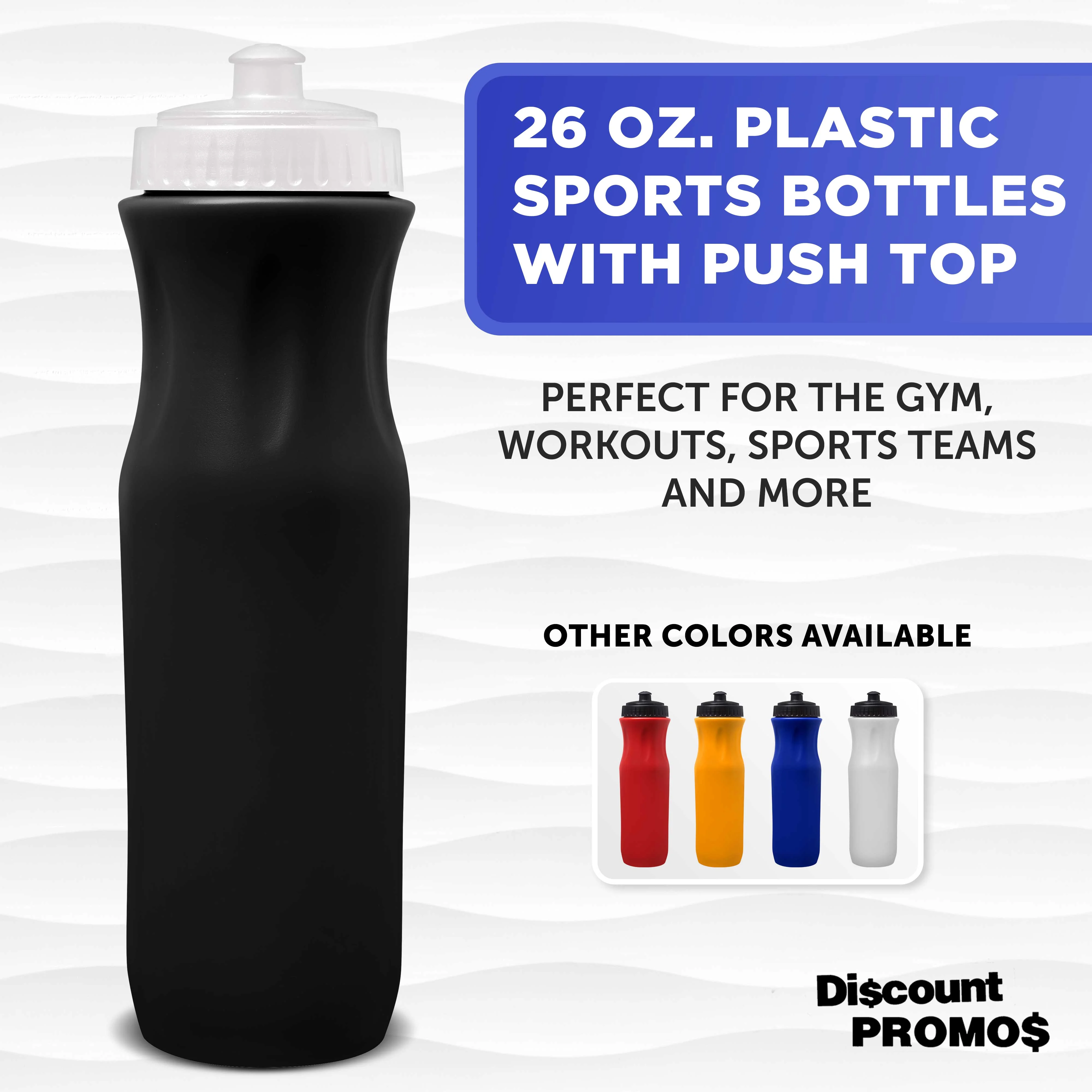 10 Plastic Water Bottles Set, 26 oz. - Black Push Top Lid - Black