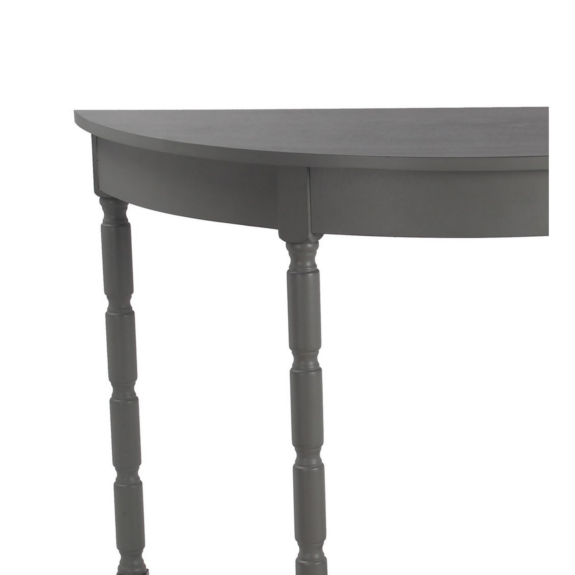 Half Moon Wooden Console Table with Open Shelf and Turned Legs, Light Gray