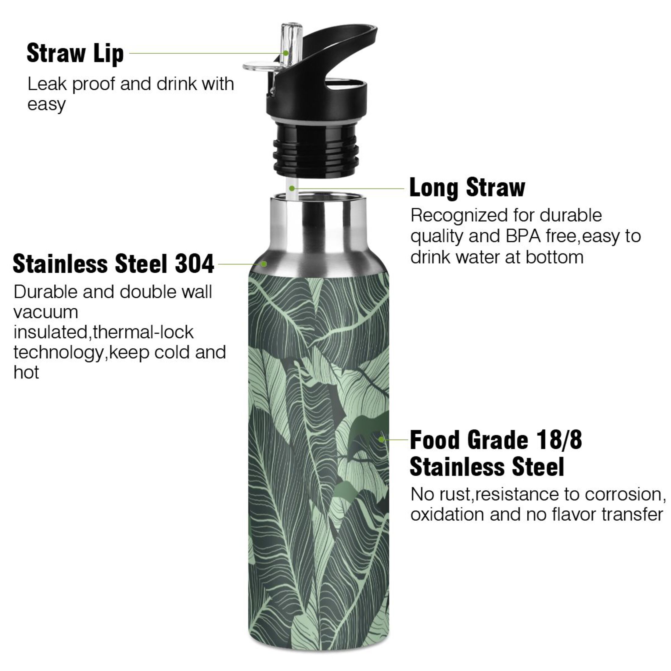 Water Bottle with Straw Lid Leak Tropical Green Leaves Stainless Steel Insulated Thermos Vacuum Flask for Cold Hot Drinking for Sports Camping Gym Yoga
