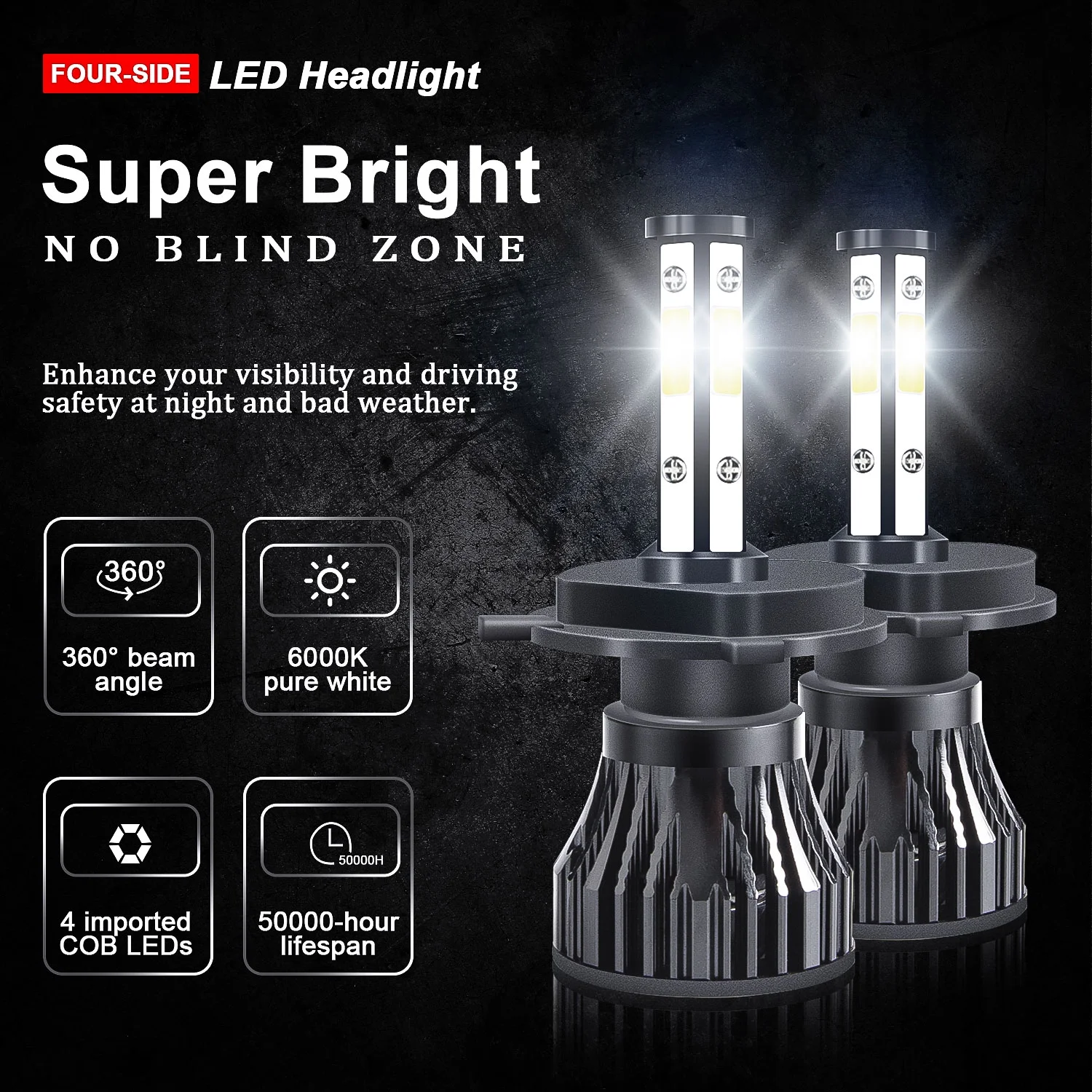 LED Headlight Bulbs For Mitsubishi Mirage 2014-2019,H4 High/ Beam + H11 Fog Beam LED Headlight Bulbs 6000K Cool White