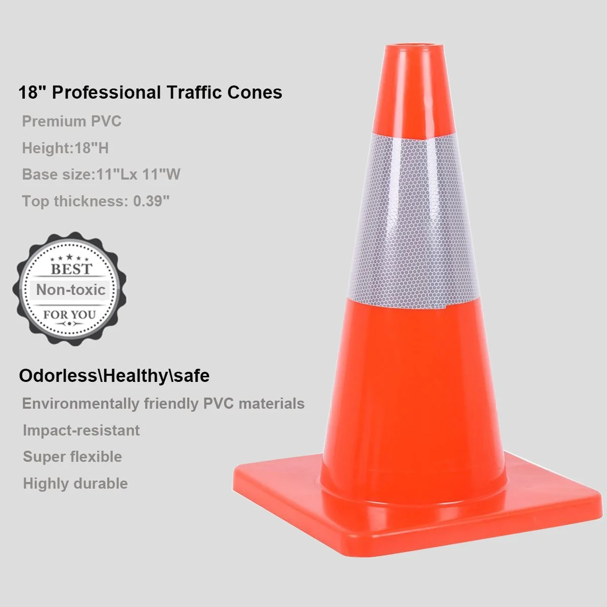 Reliancer 6PCS 18” Traffic Cones - PVC Safety Road Parking Cones w/4