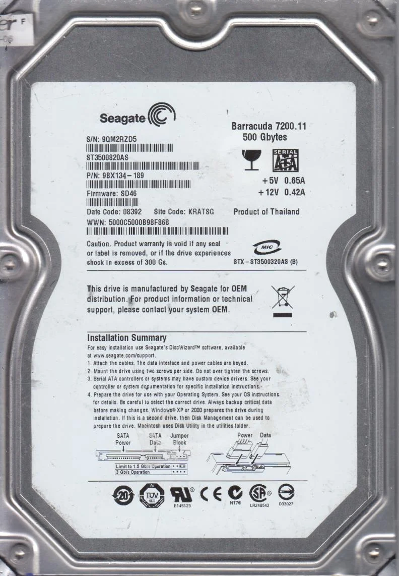ST3500820AS, 9QM, KRATSG, PN 9BX134-189, FW SD46, Seagate 500GB SATA 3.5 Hard Drive