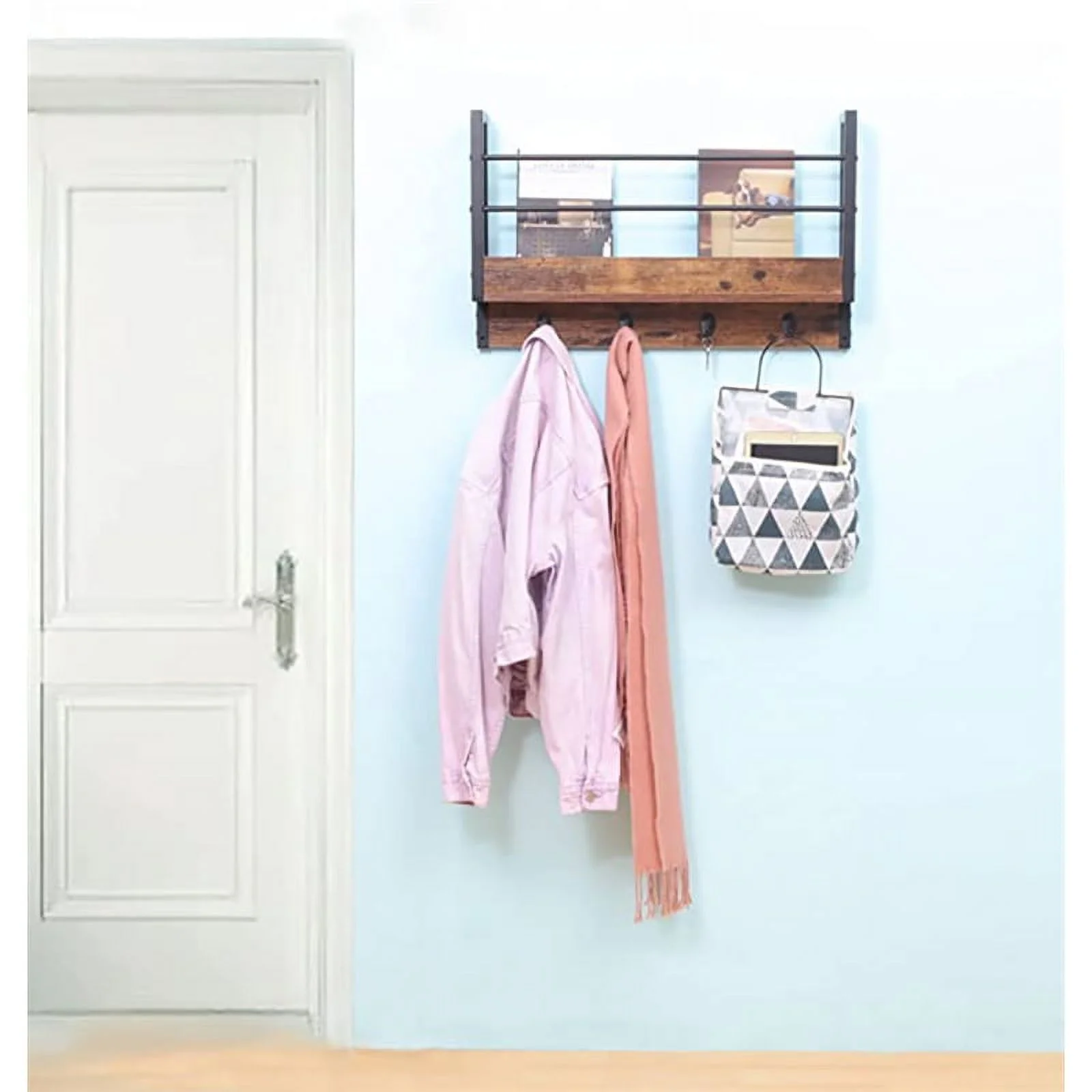 JJS Wood Floating Book Shelf with Coat Hooks Key Holder in Rustic Brown