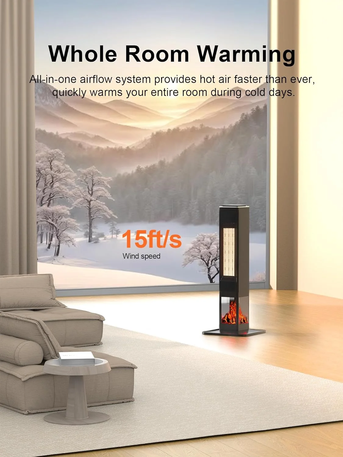 TJUNBOLIFE 31" Space Heater  Heaters for Large Room  Portable Electric Heater with Remote  Thermostat  3 Modes  3D Flame  Multiple Protection  Tower Heater for Bedroom  Office  and In