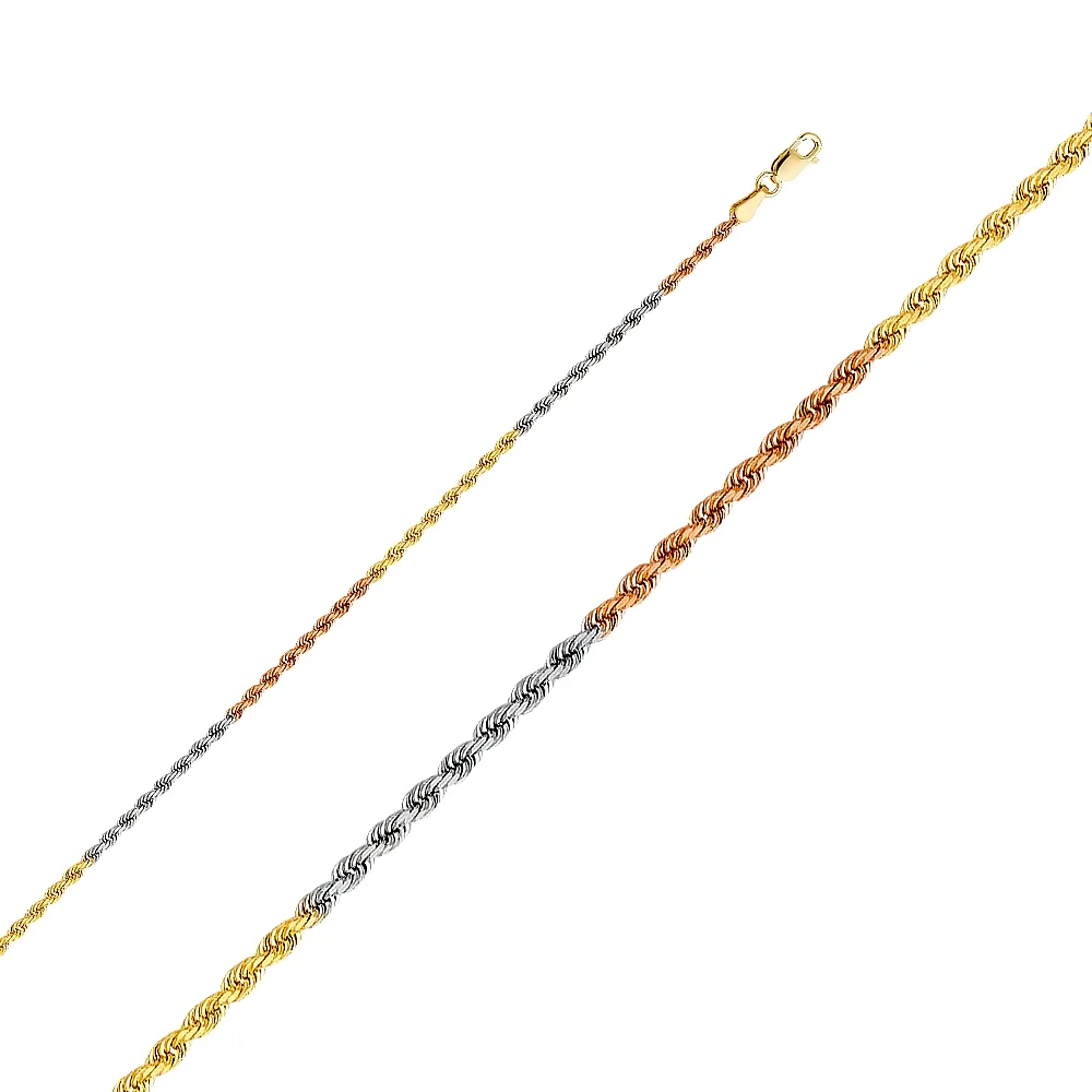 Wellingsale 14k Tri 3 Color Gold Polished Solid 2.0mm Solid Rope Diamond Cut Chain Necklace - 22