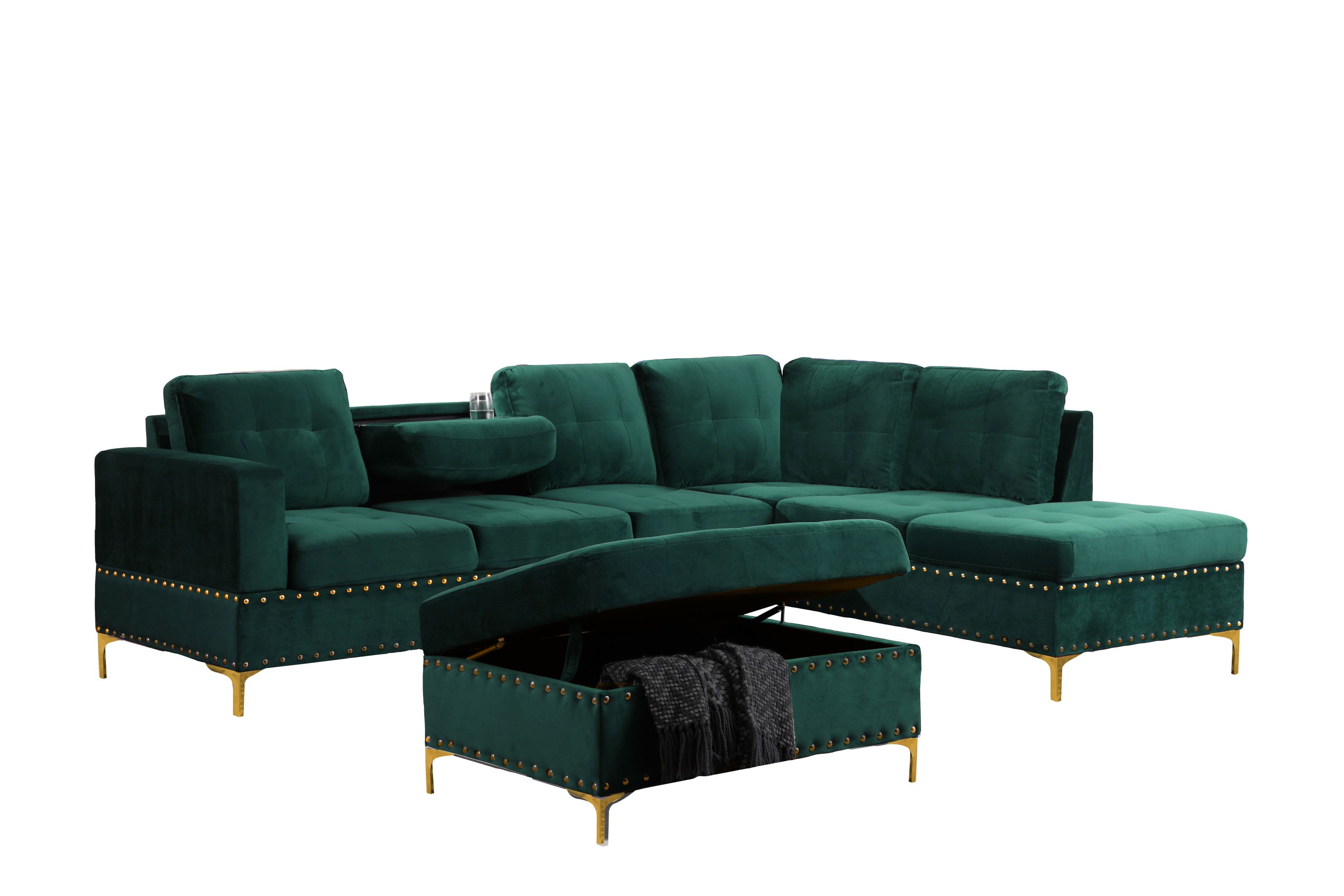 Steighaus Velvet Reversible Sectional with Storage Ottoman (Blue/ Gray/ Green)