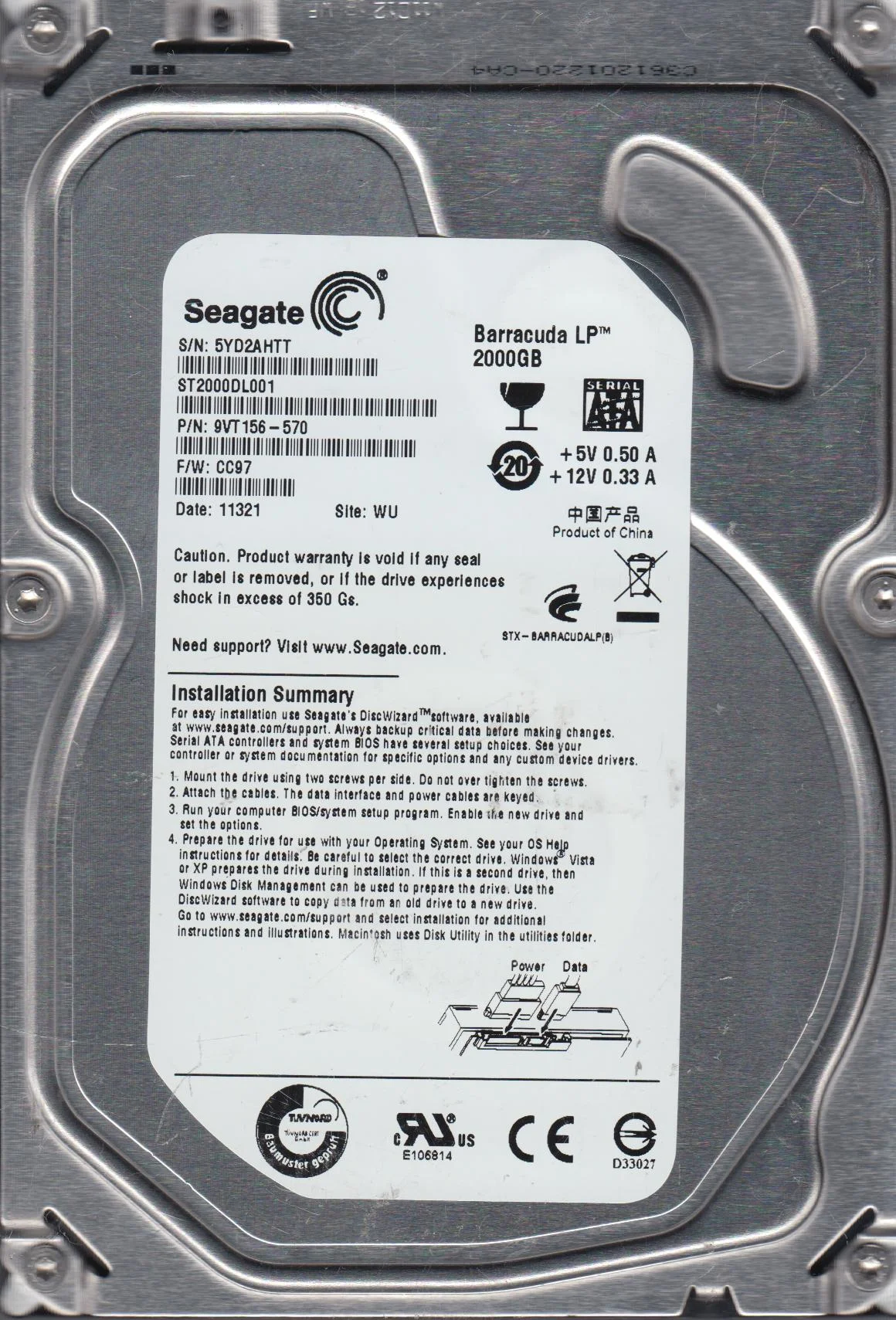 ST2000DL001, 5YD, WU, PN 9VT156-570, FW CC97, Seagate 2TB SATA 3.5 Hard Drive