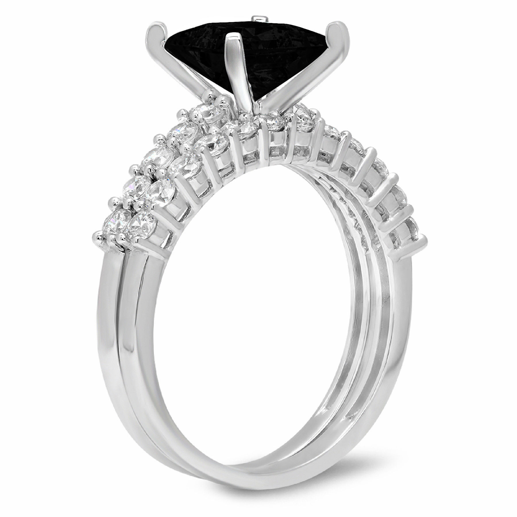2.66 ct Brilliant Princess Cut Natural Onyx 18K White Gold Solitaire with Accents Bridal Set SZ 6.75