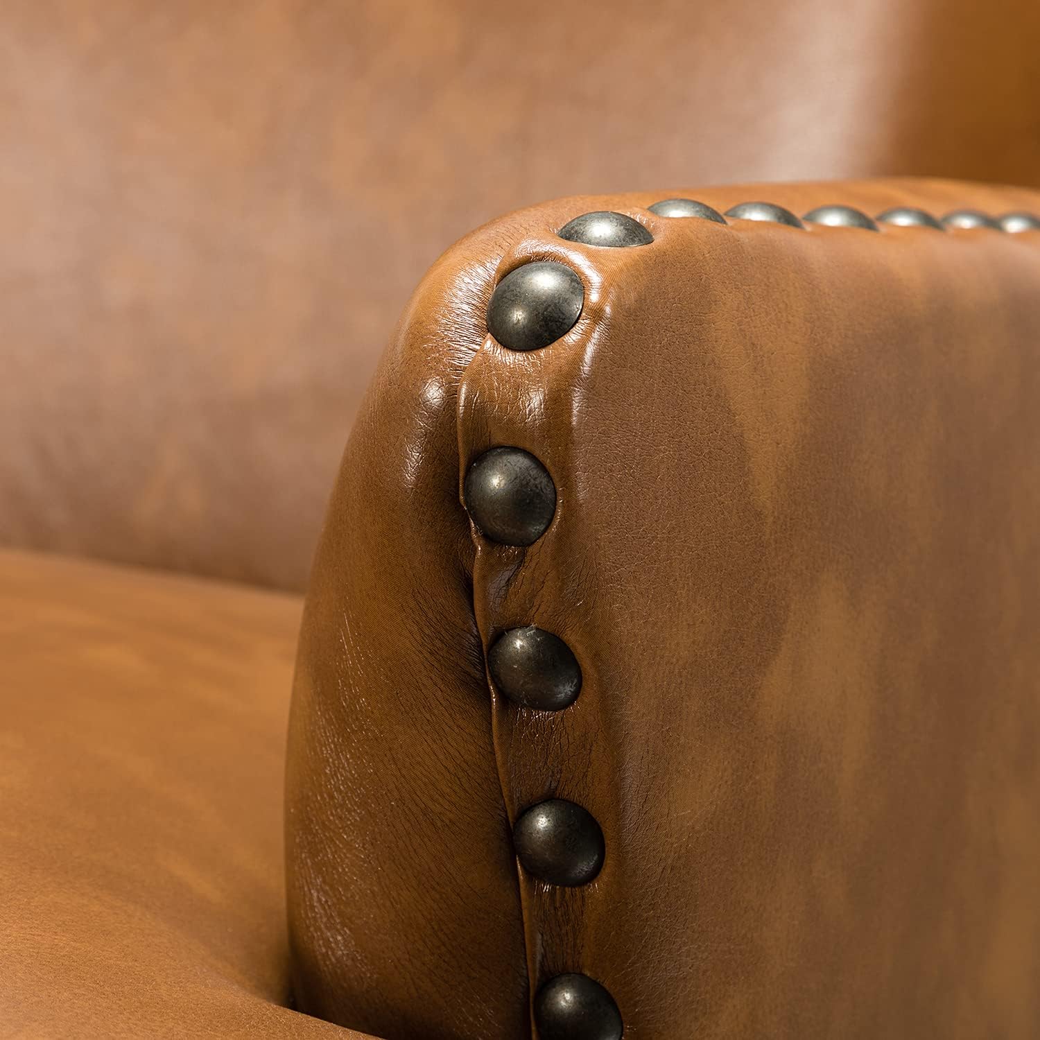 Leather Accent Chair With Arms For Living Room, Modern Leather Single Sofa Armchair With Nailhead Trim, Vegan Leather Wingback Accent Chair Lounge Sofa Chair, Camel