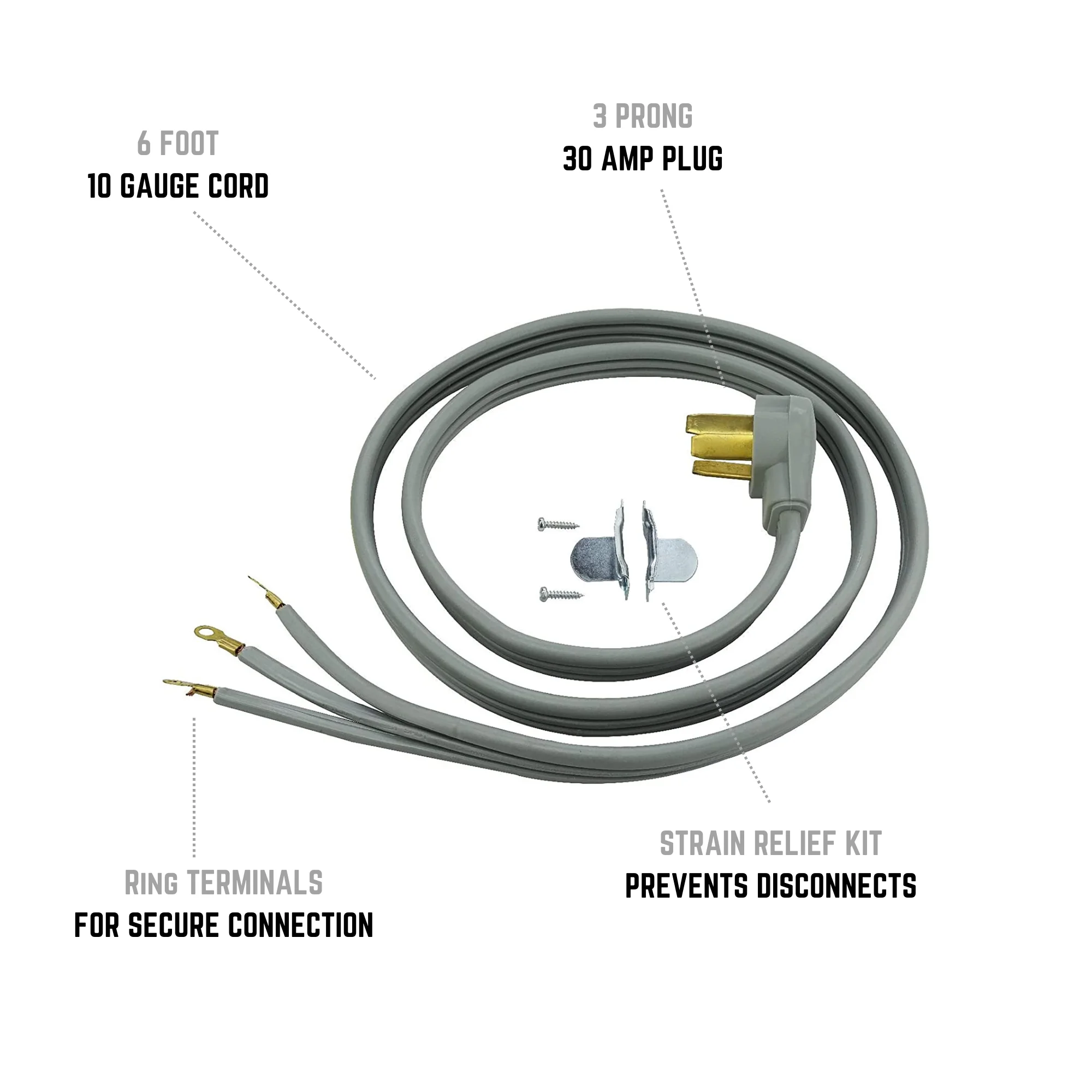 Clear Power 6 ft 10/3 SRDT, Indoor Dryer Cord, 3-Wire 30 Amp, Gray, CP10016