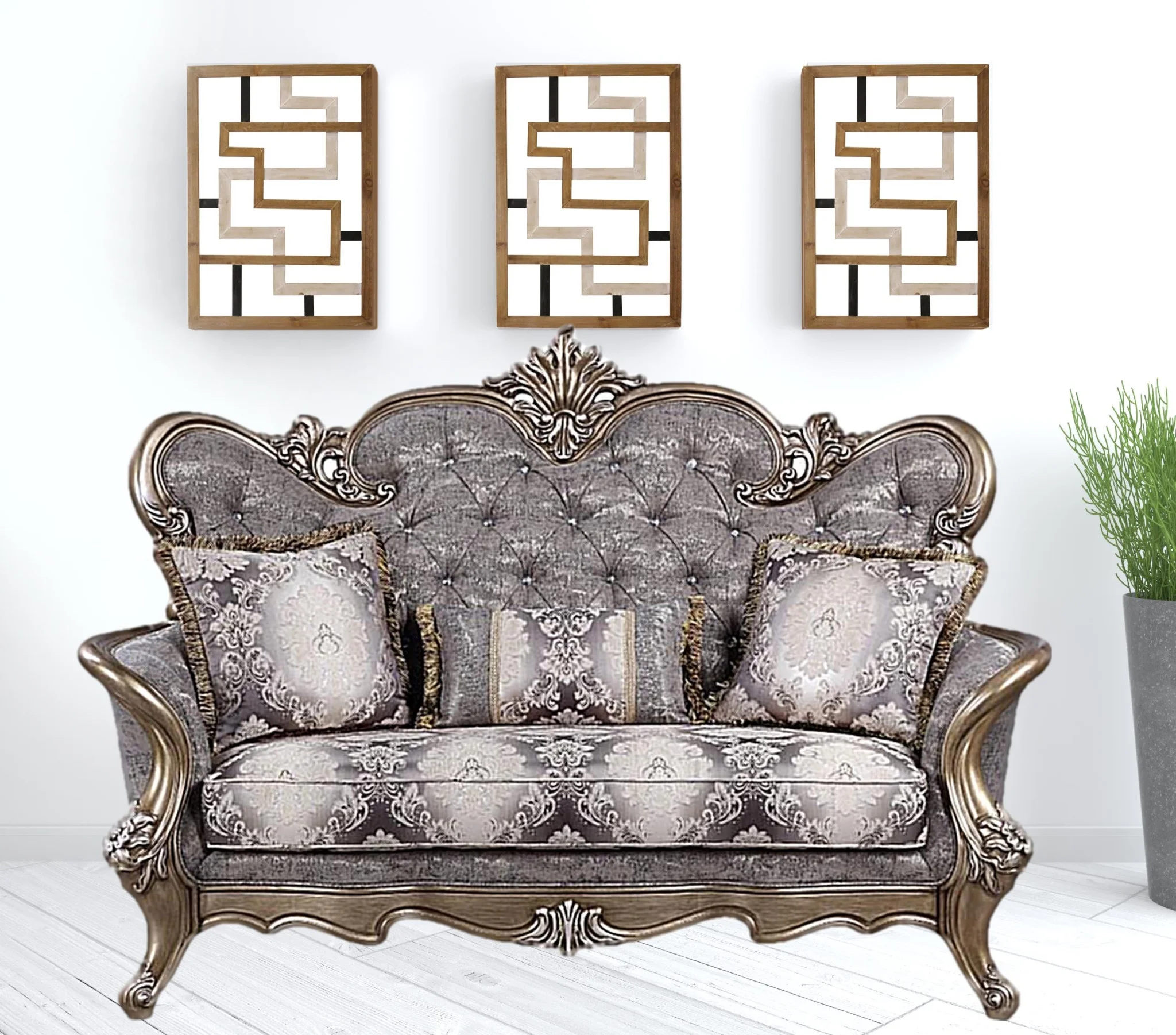 HomeRoots 515748 75 in. Grey & Platinum Cotton Blend Love Seat Sofa & Toss Pillows