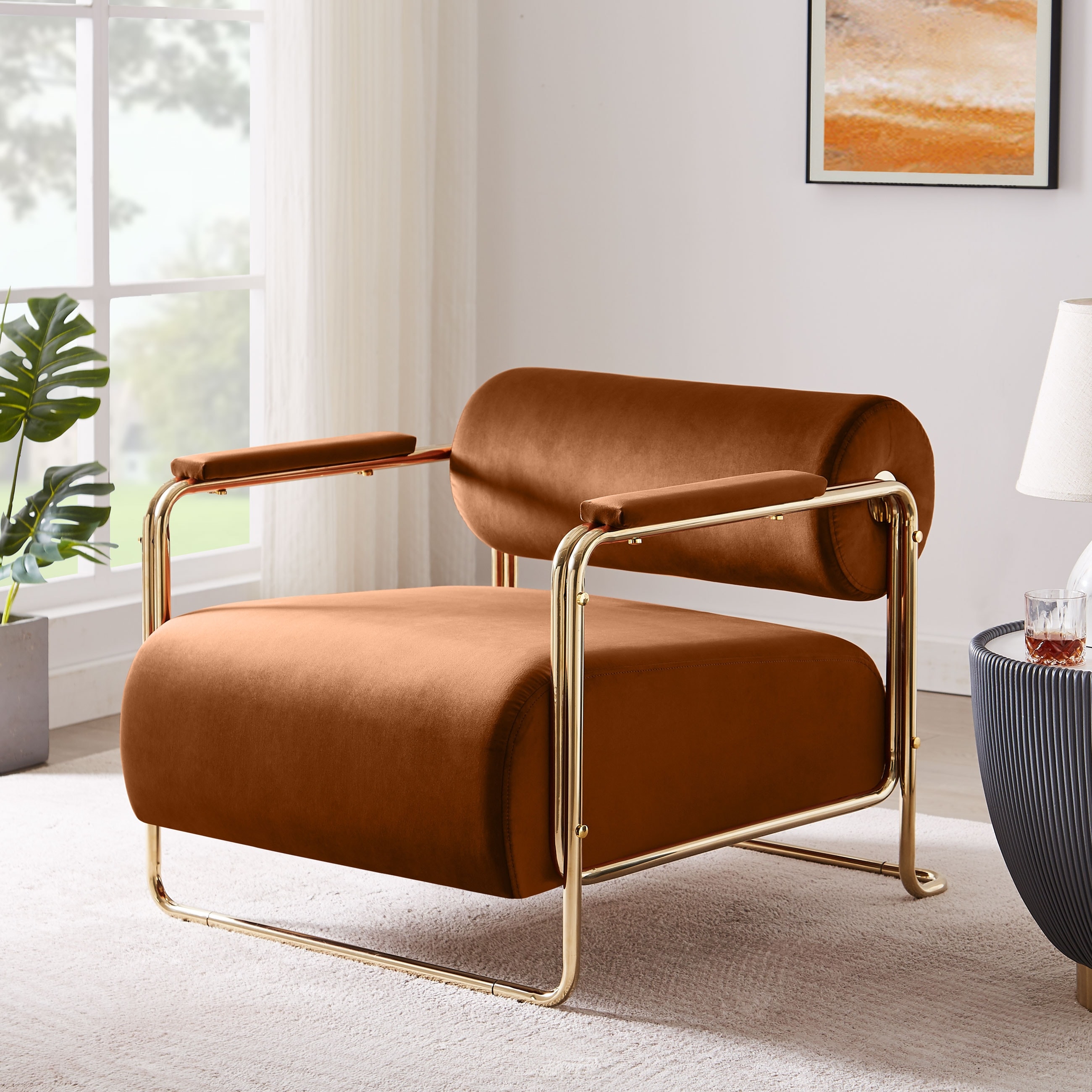 VANOMi 31'' Wide Futuristic Velvet Armchair With Glossy Gold Frame Cylindrical Backrest Olive Green Polyester, Velvet