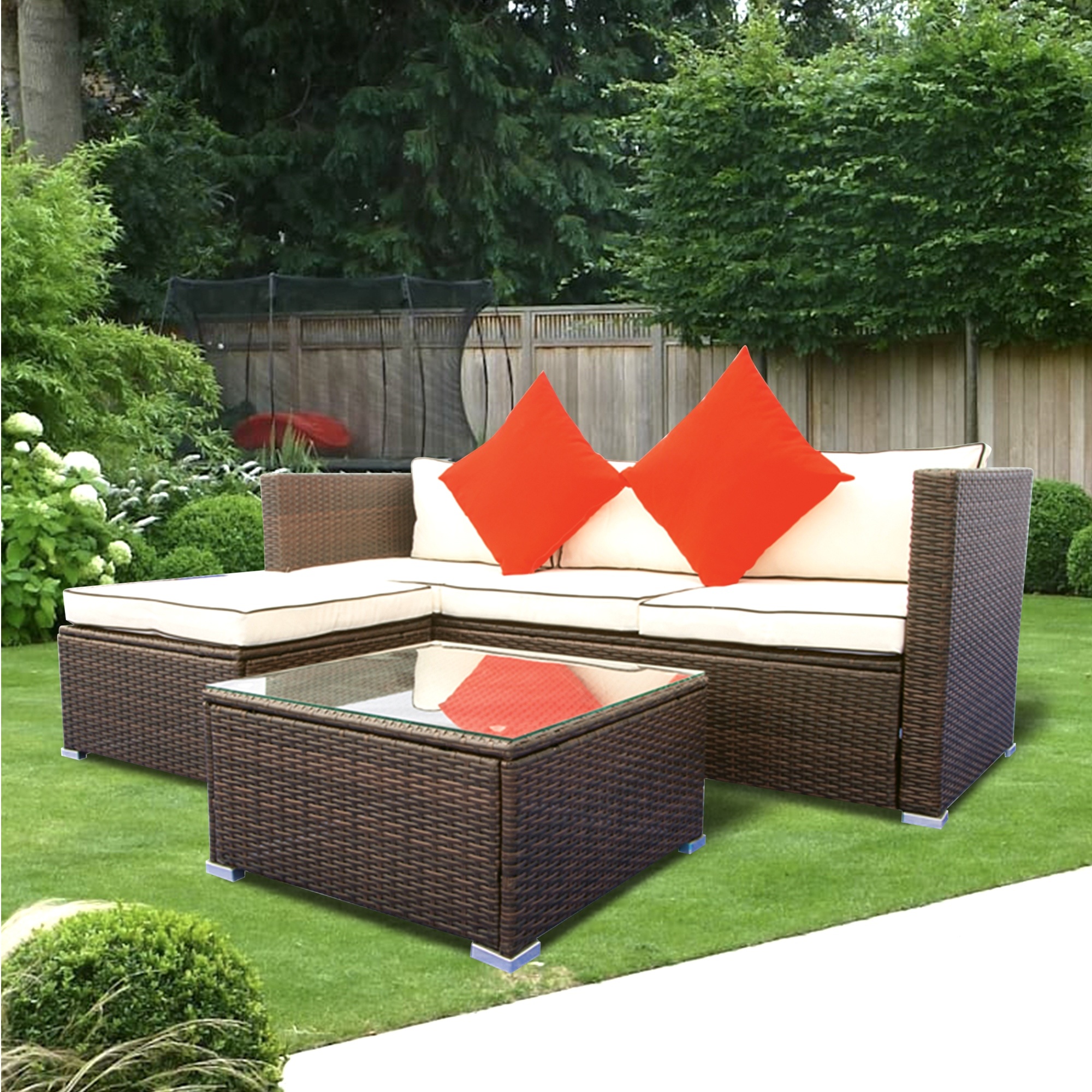 LANTRO JS 3 Piece Patio Sectional Wicker Rattan Outdoor Furniture Sofa Set