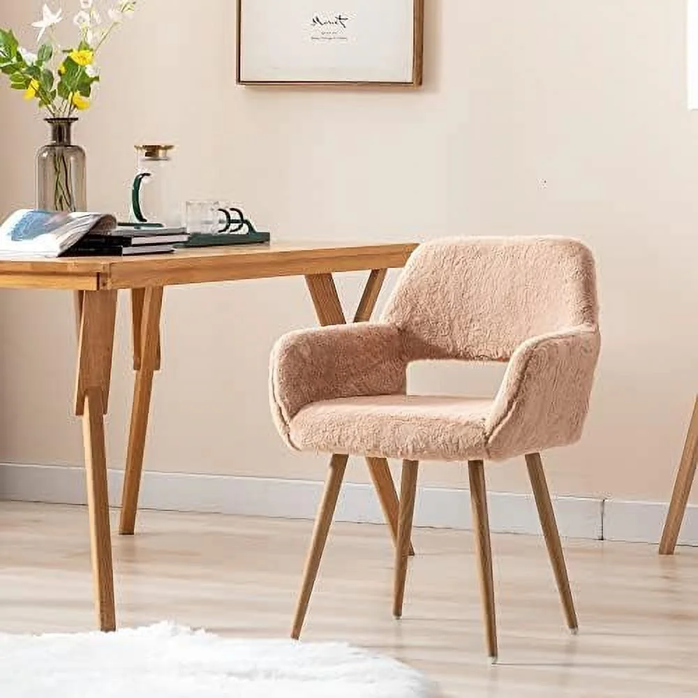 Faux  Chair for Bedroom Mid Century Modern Desk Living Room Chairs with Armrest  Sherpa Accent Dining Chair  Comfy Armchair with Metal Legs   Girls Vanity Makeup Study Office Desk Chair (