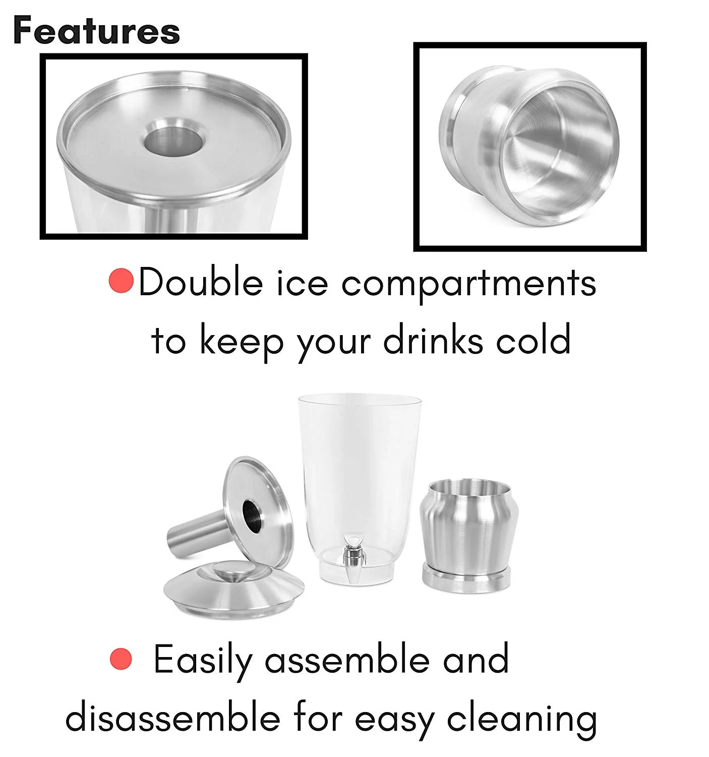 BirdRock Home 1.5 Gallon Stainless Steel Beverage Dispenser with Ice Container, Stand & Spigot | Round | BPA Free Clear Acrylic