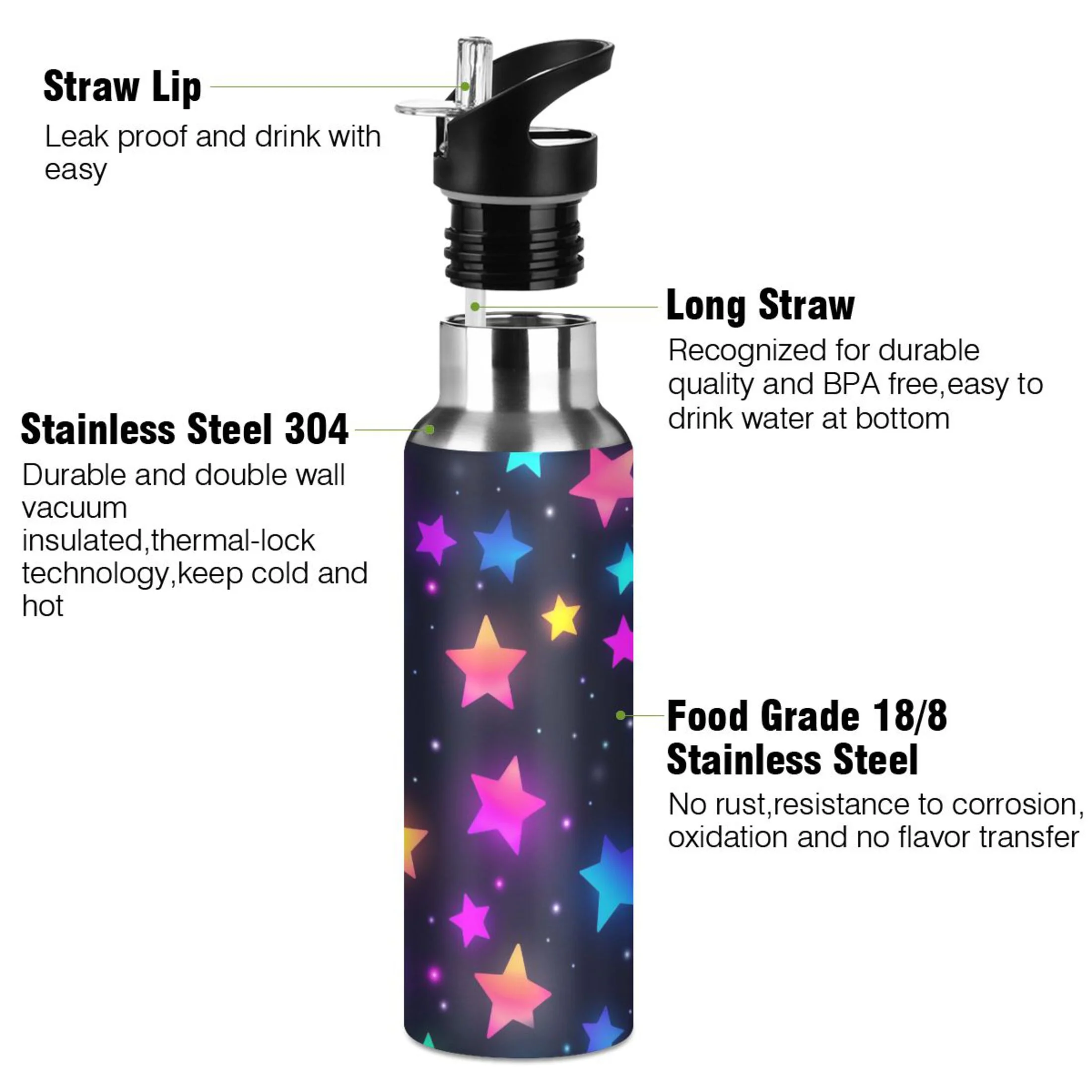 Magic Stars Water Bottles Insulated Thermos Kids Stainless Steel Bottle with Straw Lid Flask Leakproof for Sports Gym 20 oz