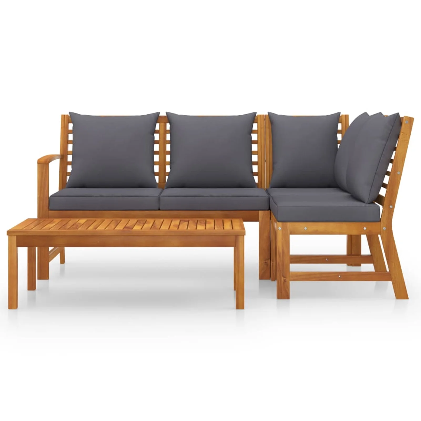 Anself 4 Piece Patio Lounge Set with Dark Gray Cushions Bench with Right Arm, Corner and Middle Sofa, Table Conversation Set Acacia Wood Outdoor Sectional Sofa Set for Garden, Balcony, Yard, Deck