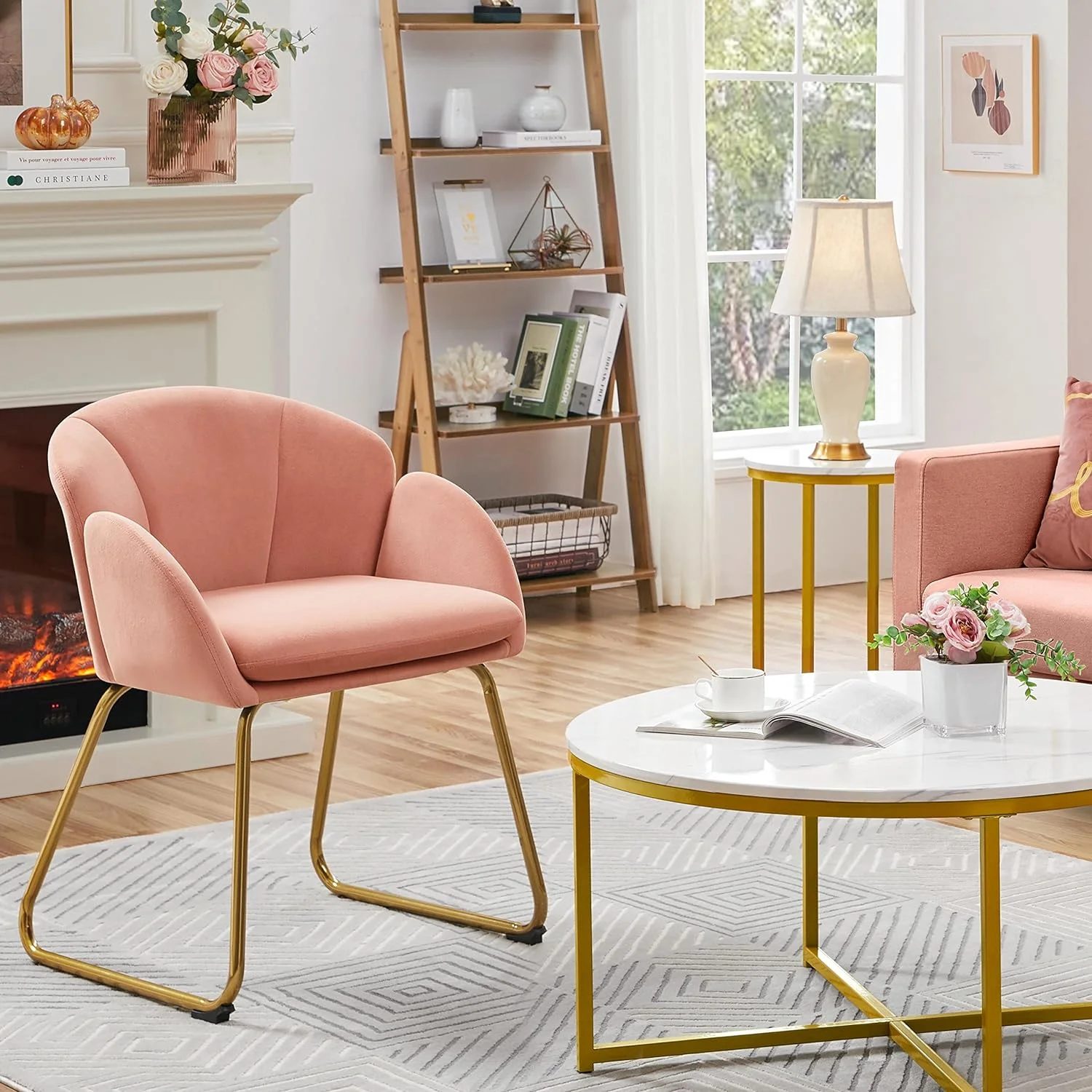 Modern  Chair, Flower Velvet Barrel Chair Vanity Chair With Golden Mental Legs For Living Room/Bedroom/Home Office,